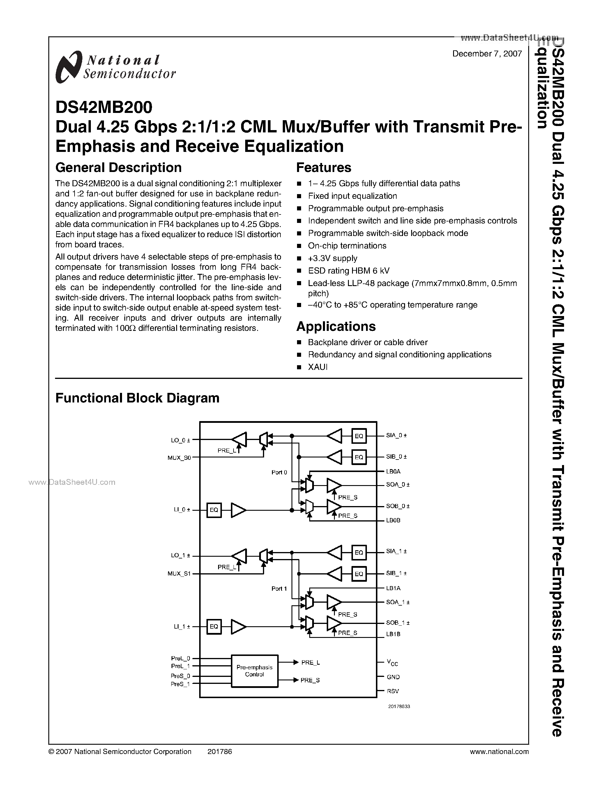 Datasheet DS42MB200 - Dual 4.25 Gbps 2:1/1:2 CML Mux/Buffer page 1