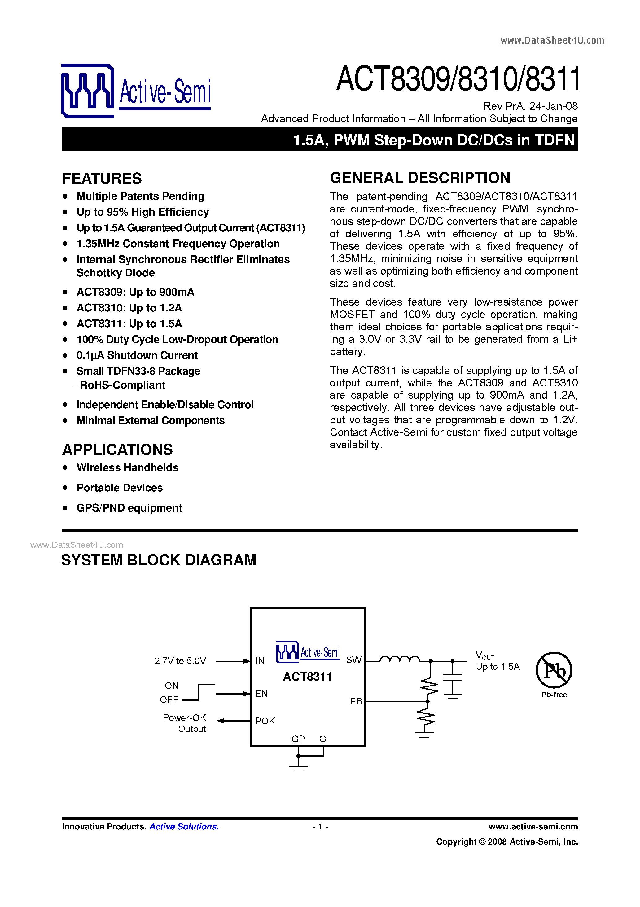 Datasheet ACT8310 page 1 Datasheet ACT8310 - (ACT8309 - ACT8311) PWM Step-Down DC/DCs page 1