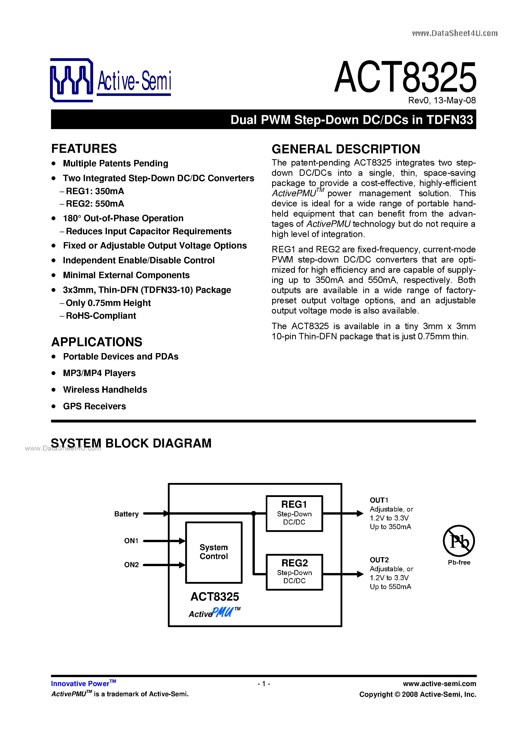 Datasheet ACT8325 - Dual PWM Step-Down DC/DCs in TDFN33 page 1