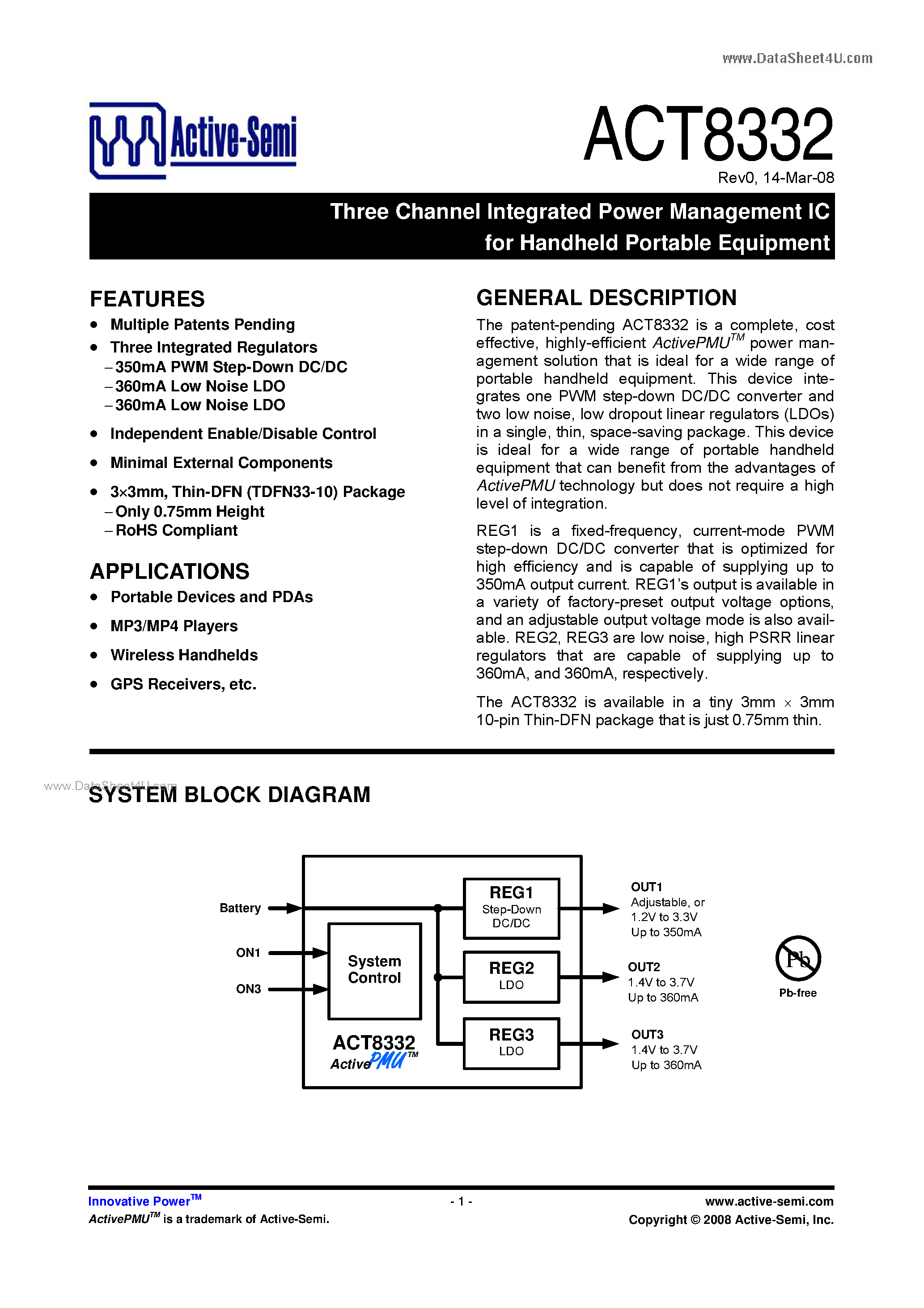 Даташит ACT8332 - Three Channel Integrated Power Management IC страница 1