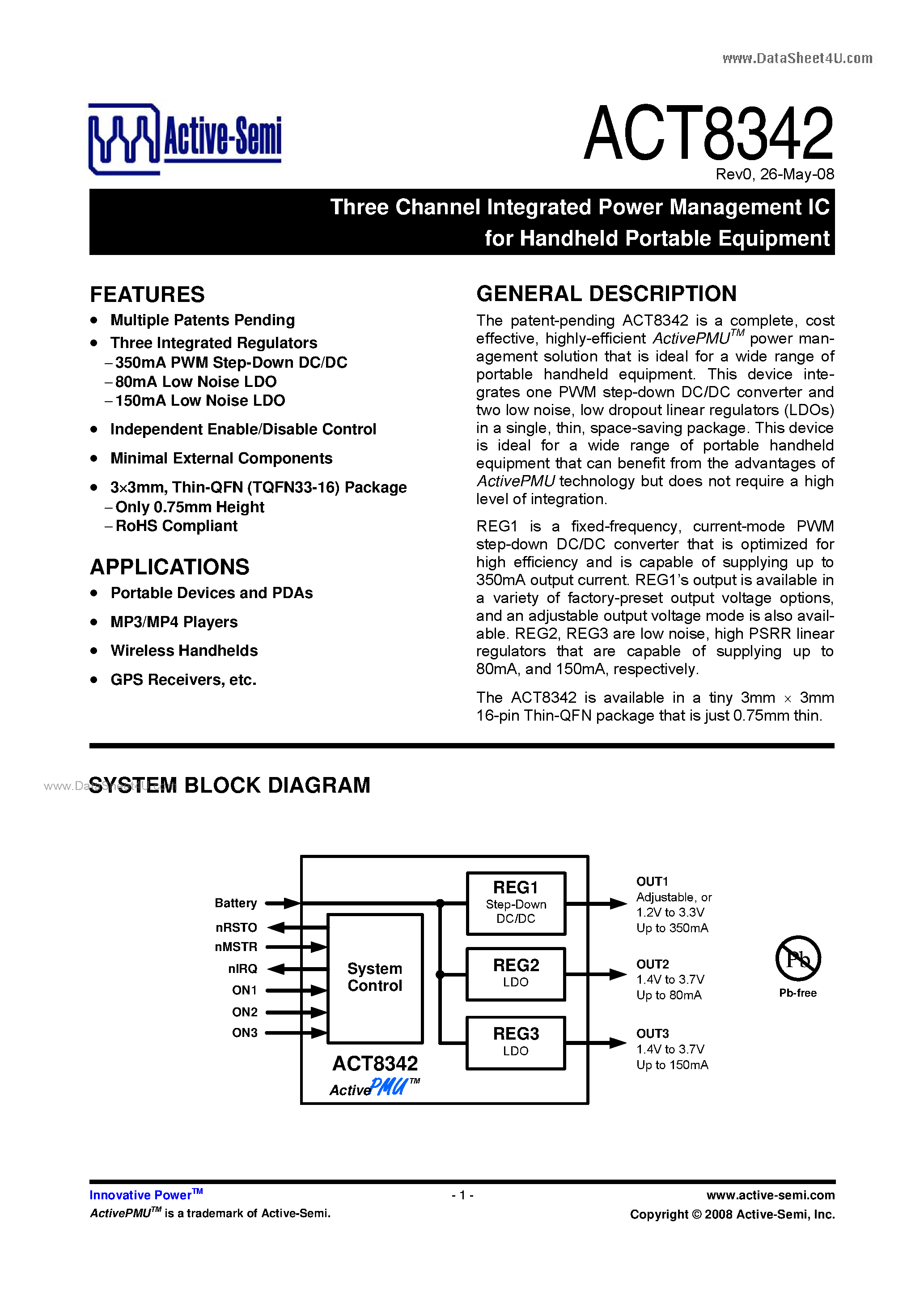 Даташит ACT8342 - Three Channel Integrated Power Management IC страница 1