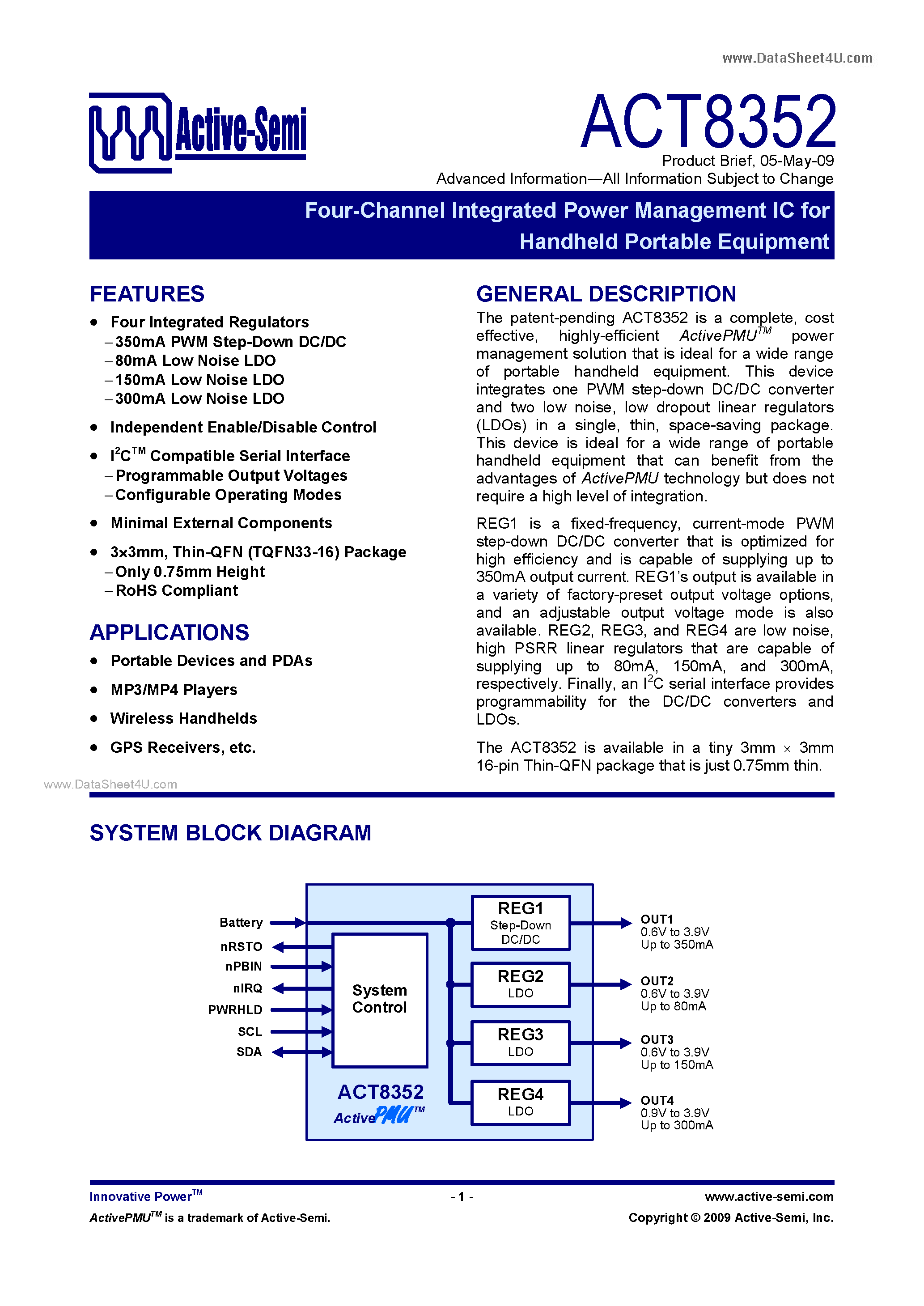 Даташит ACT8352 - Four-Channel Integrated Power Management IC страница 1