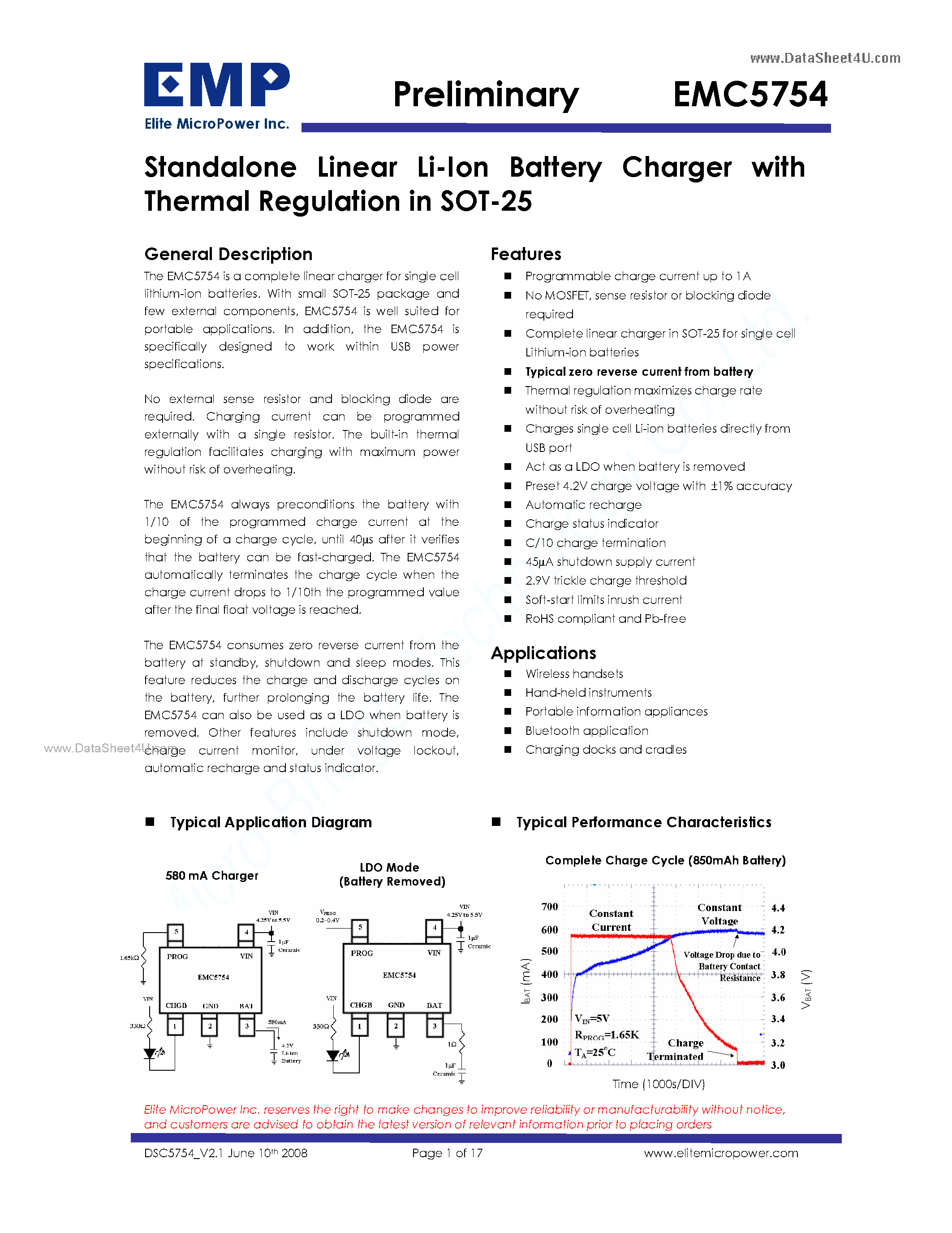 Datasheet EMC5754 - Standalone Linear Li-Ion Battery Charger page 1