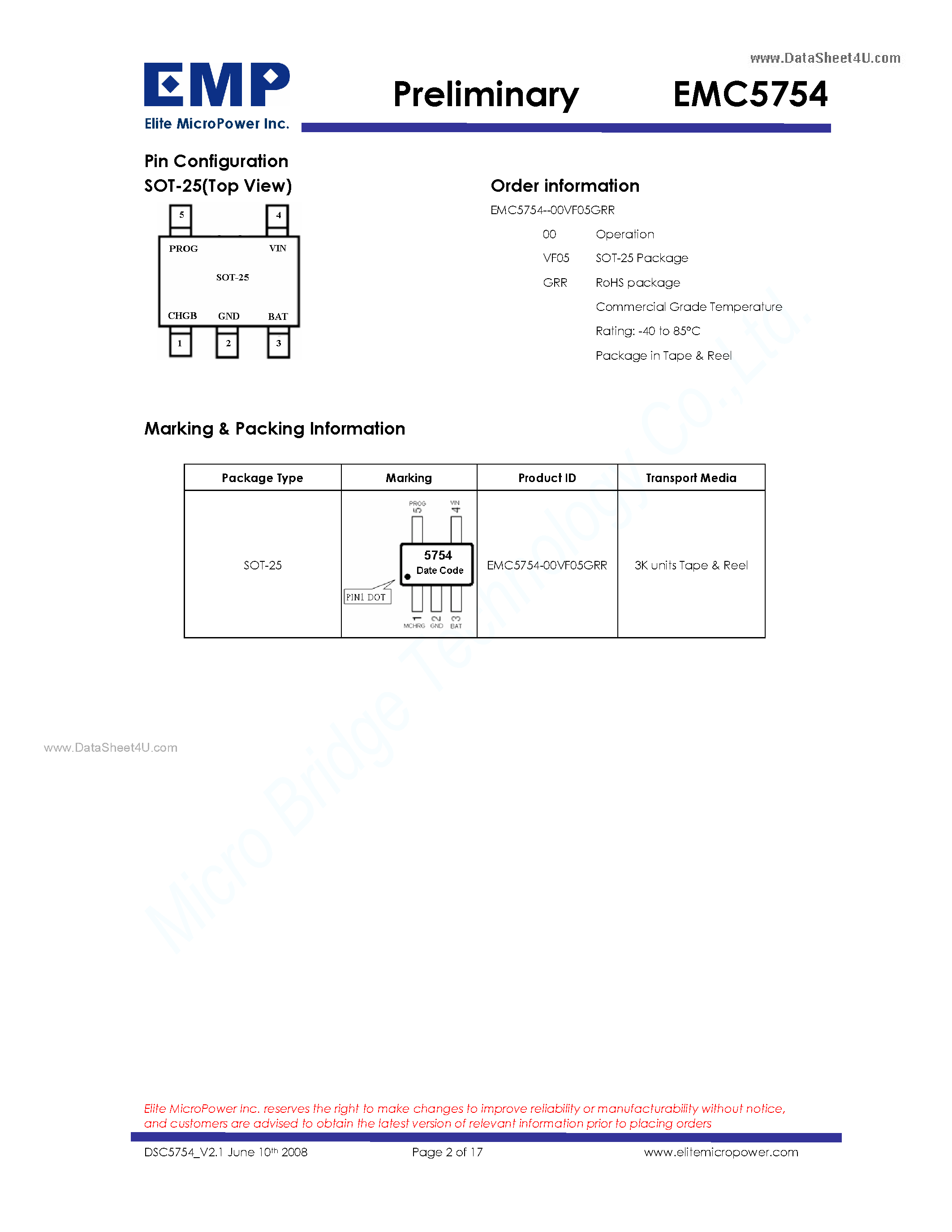 Datasheet EMC5754 - Standalone Linear Li-Ion Battery Charger page 2