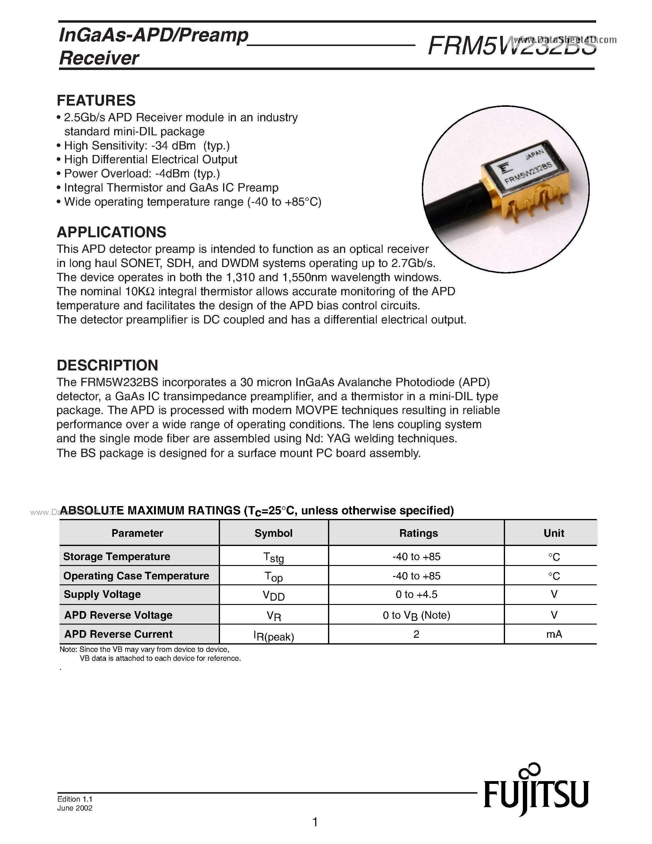 Datasheet FRM5W232BS - Incorporates a 30 micron InGaAs Avalanche Photodiode page 1