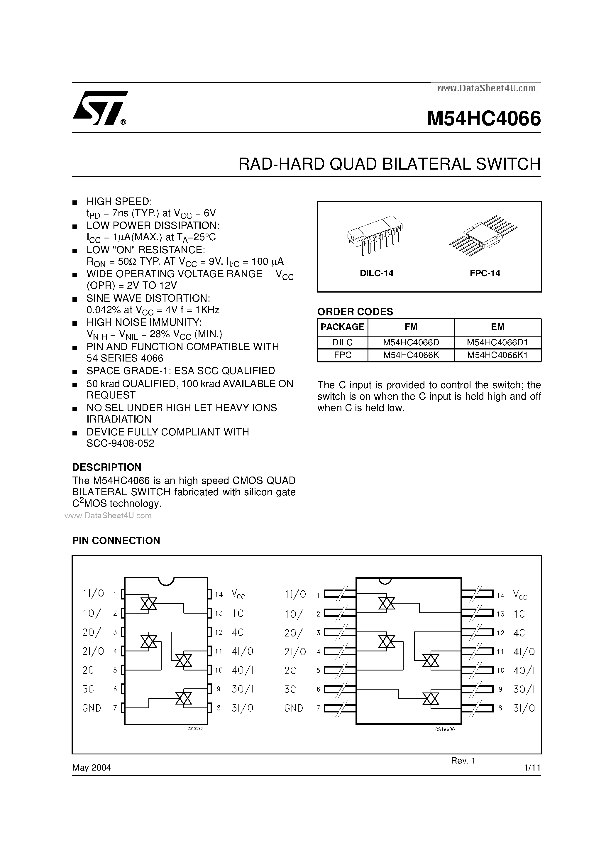 Даташит 54HC4066 - RAD-HARD QUAD BILATERAL SWITCH страница 1