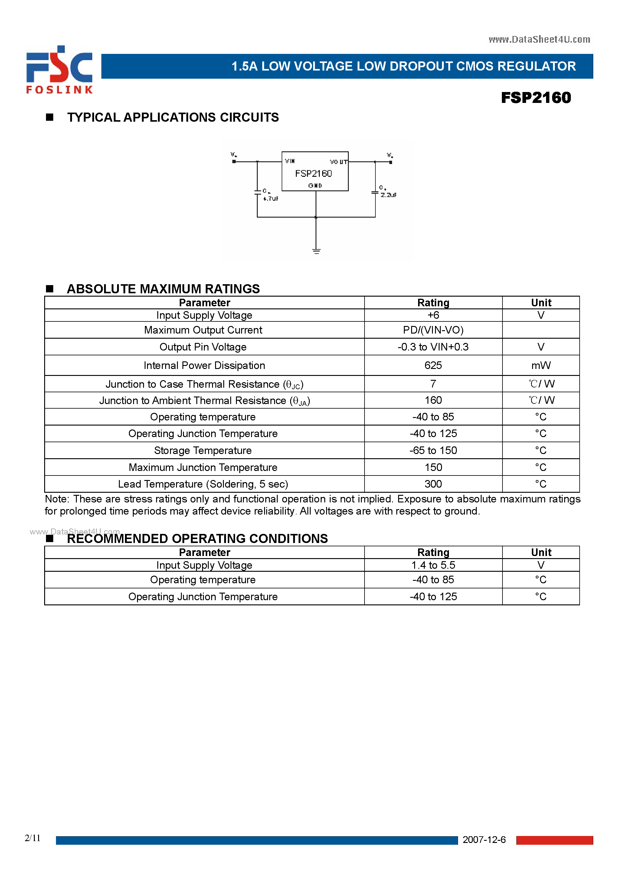 Даташит на микросхему FSP2160 страница 2 Даташит FSP2160 - 1.5A LOW VOLTAGE LOW DROPOUT CMOS REGULATOR страница 2