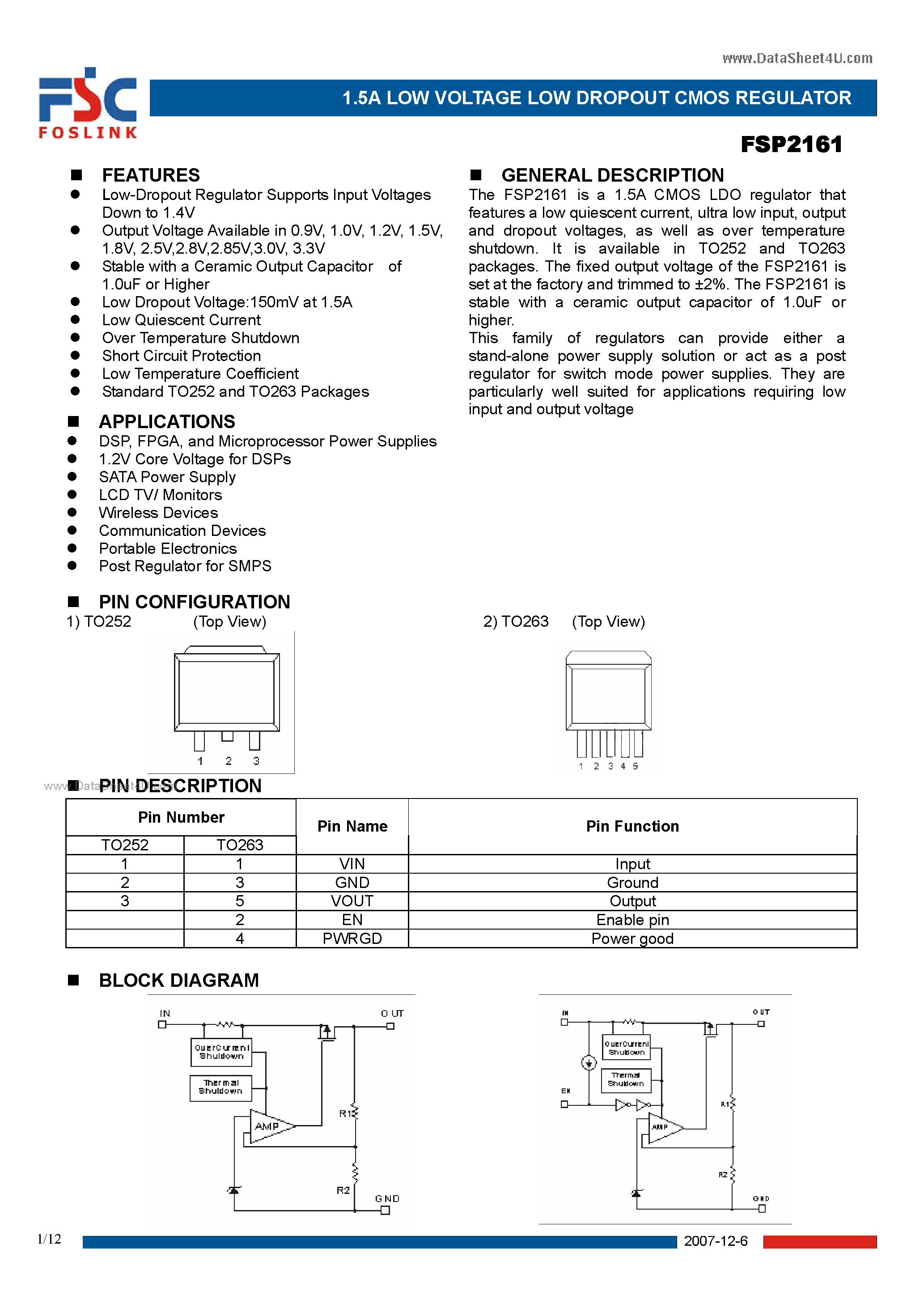 Даташит на микросхему FSP2161 страница 1 Даташит FSP2161 - 1.5A LOW VOLTAGE LOW DROPOUT CMOS REGULATOR страница 1