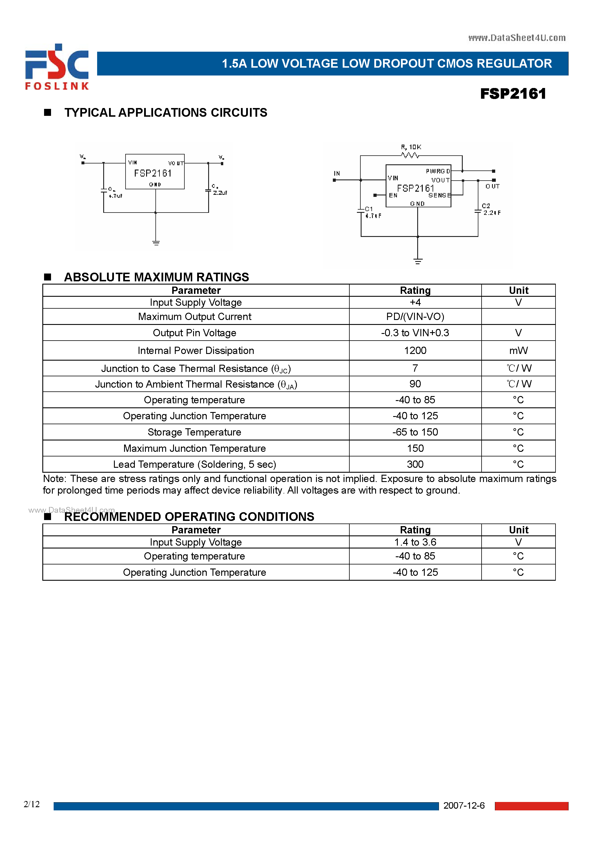 Даташит на микросхему FSP2161 страница 2 Даташит FSP2161 - 1.5A LOW VOLTAGE LOW DROPOUT CMOS REGULATOR страница 2