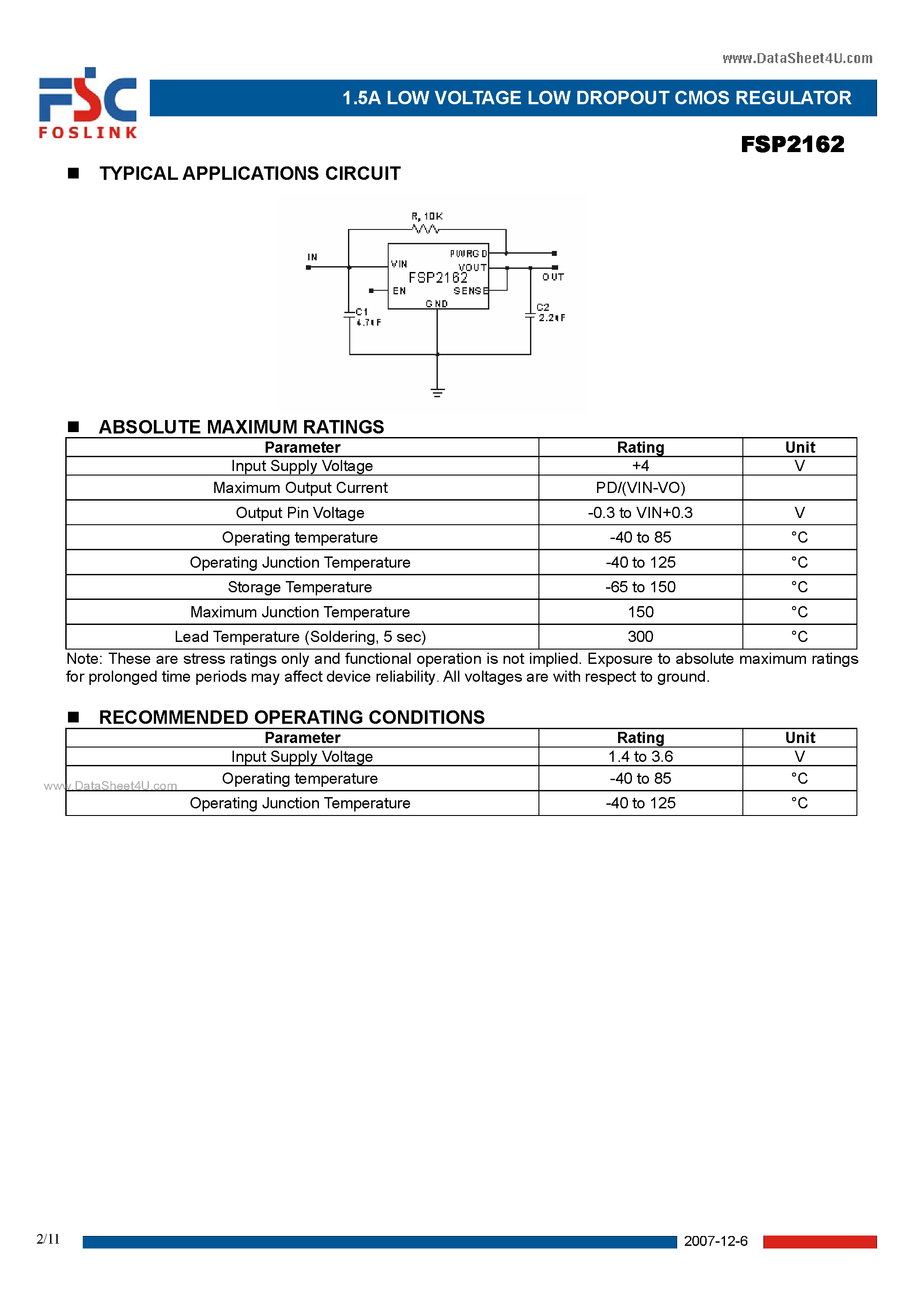 Даташит FSP2162 - 1.5A LOW VOLTAGE LOW DROPOUT CMOS REGULATOR страница 2