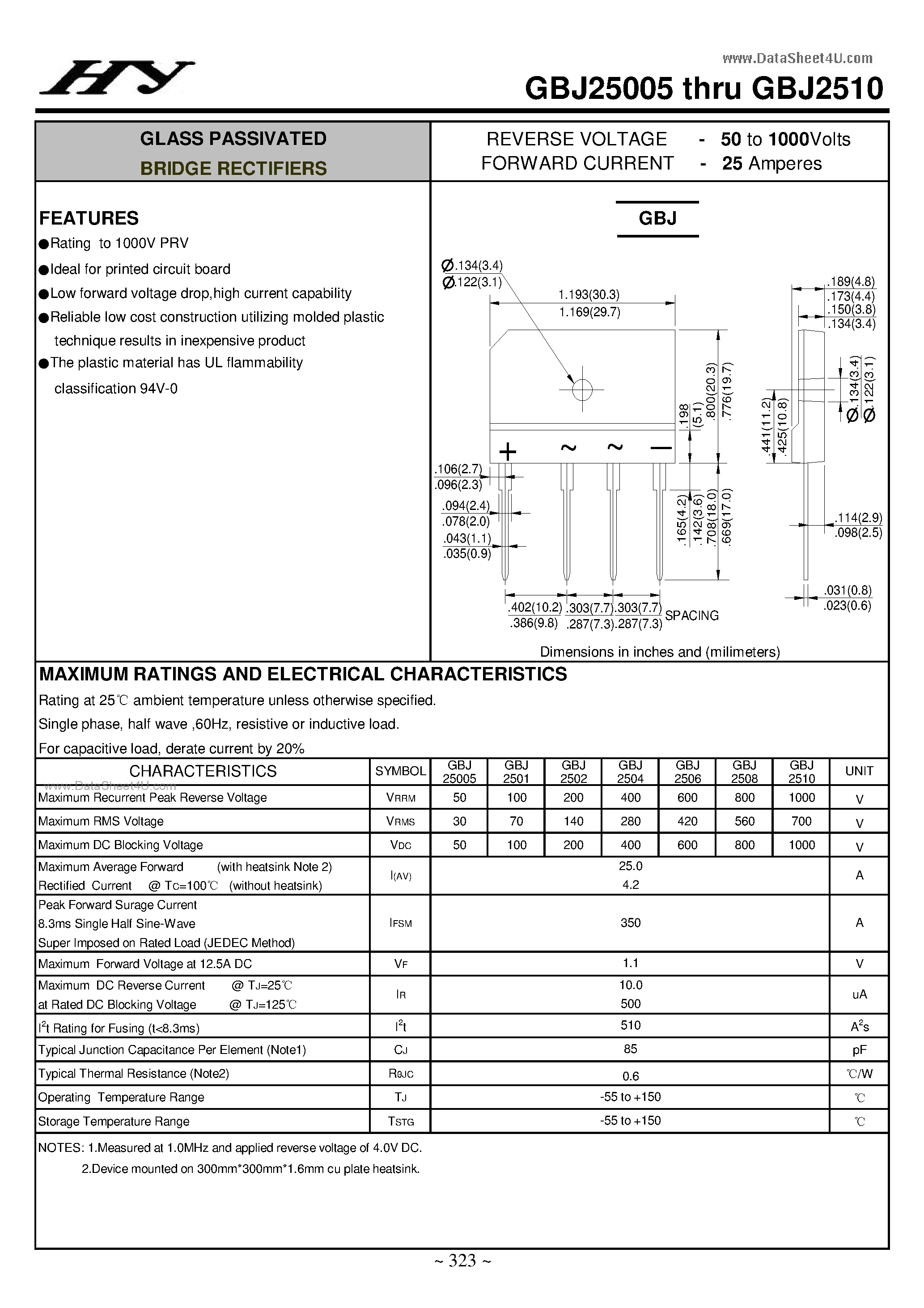 Datasheet GBJ2501 page 1 Datasheet GBJ2501 - (GBJ25005 - GBJ2510) GLASS PASSIVATED BRIDGE RECTIFIERS page 1