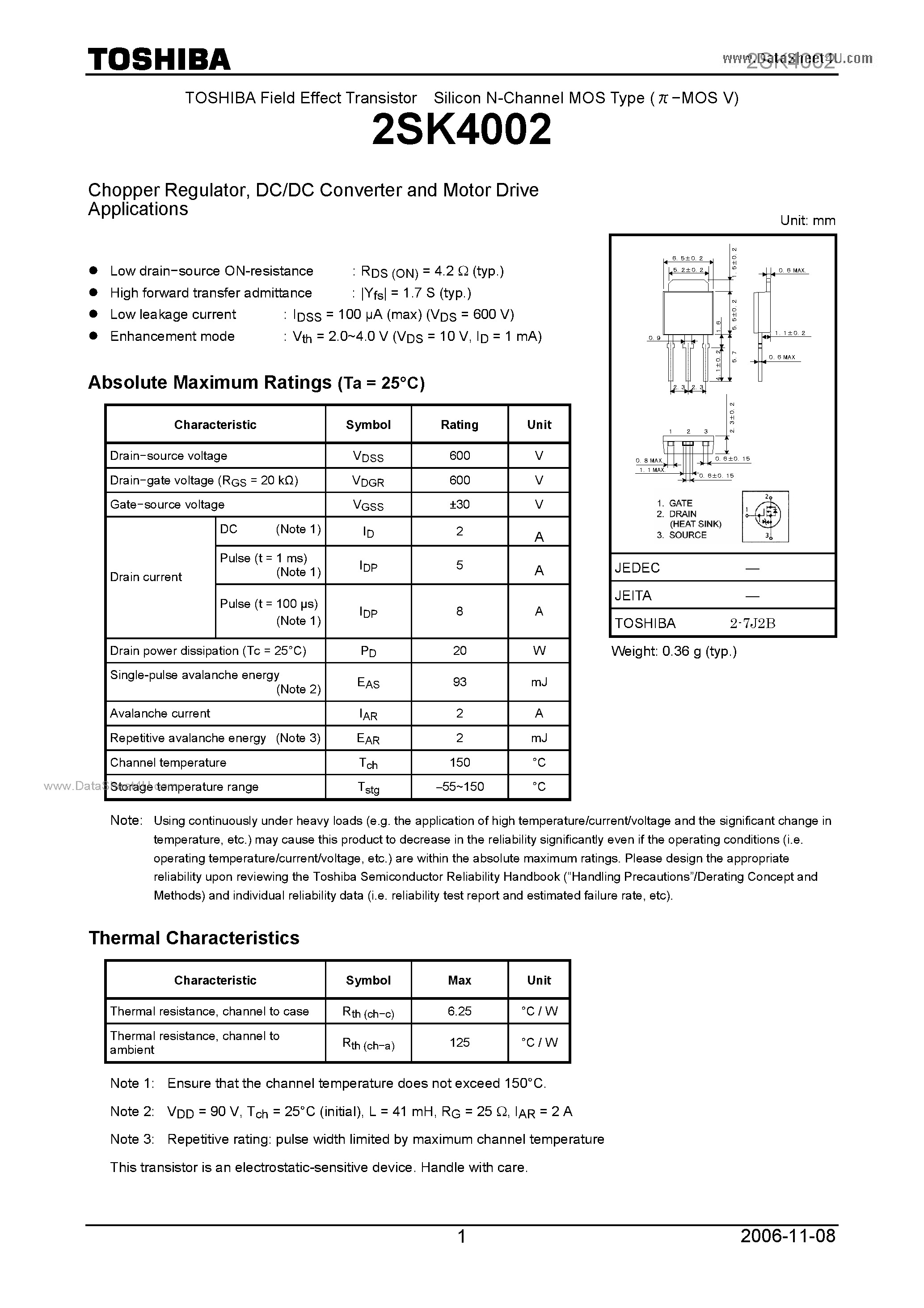 Datasheet 2SK4002 - Chopper Regulator page 1