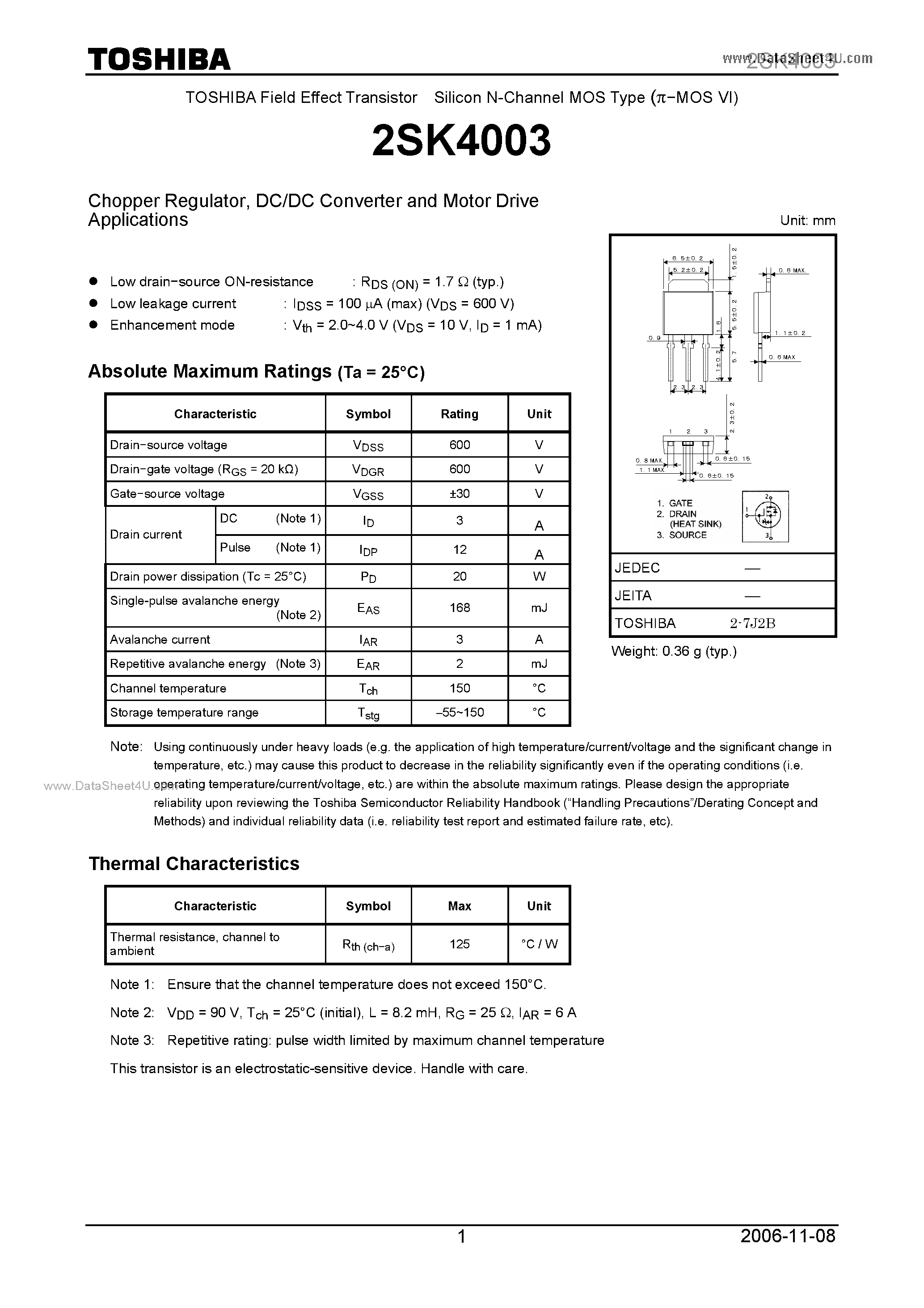 Datasheet 2SK4003 - Chopper Regulator page 1