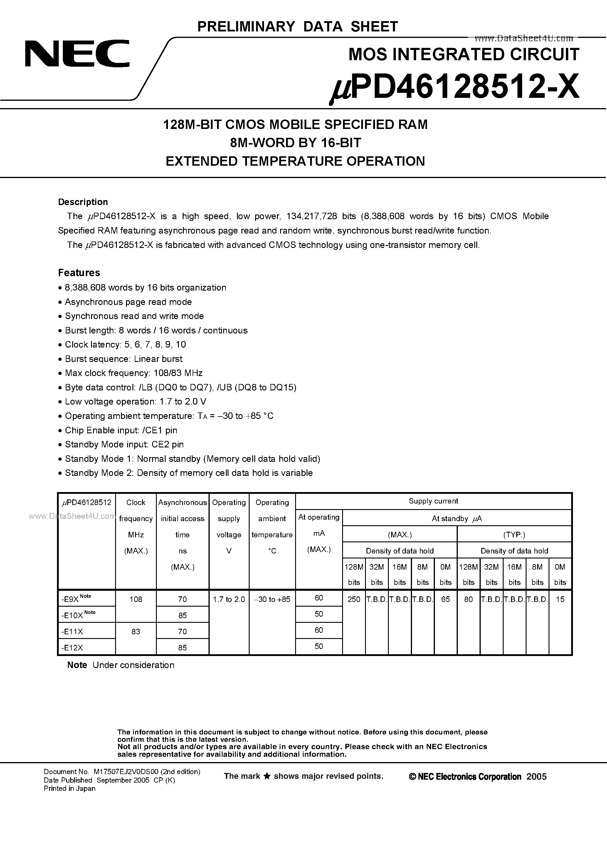 Datasheet UPD46128512-X page 1 Datasheet UPD46128512-X - 128M-BIT CMOS MOBILE SPECIFIED RAM 8M-WORD BY 16-BIT EXTENDED TEMPERATURE OPERATION page 1