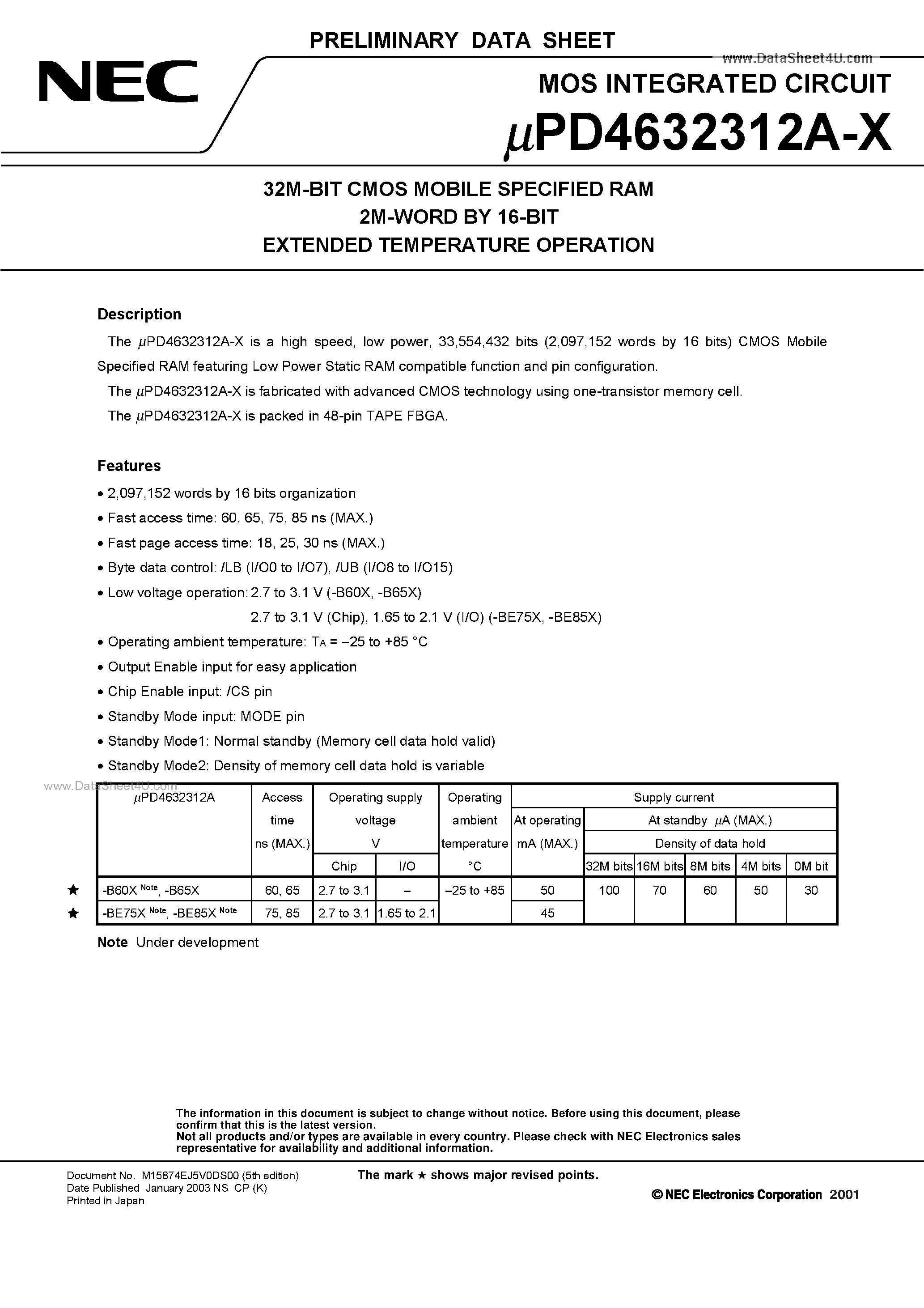 Datasheet UPD4632312A-X - 32M-BIT CMOS MOBILE SPECIFIED RAM 2M-WORD BY 16-BIT EXTENDED TEMPERATURE OPERATION page 1
