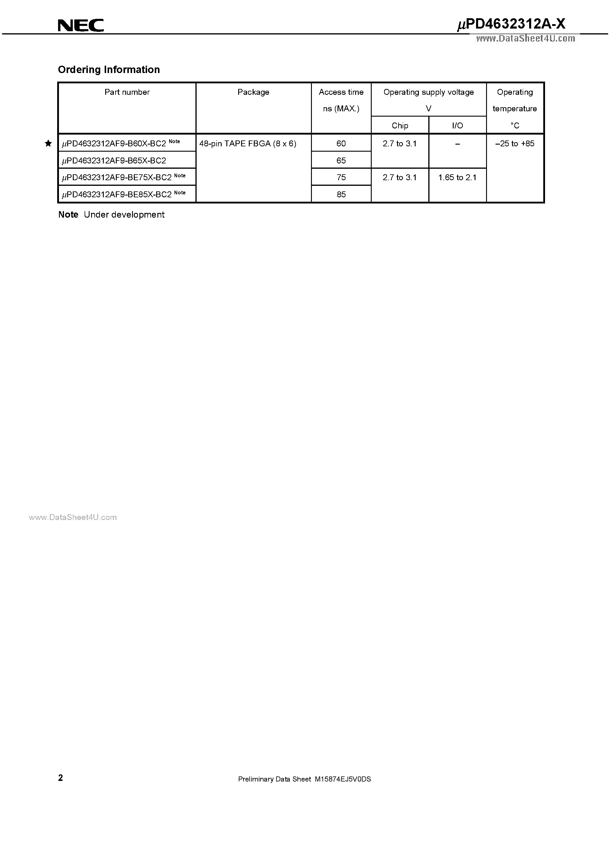 Datasheet UPD4632312A-X - 32M-BIT CMOS MOBILE SPECIFIED RAM 2M-WORD BY 16-BIT EXTENDED TEMPERATURE OPERATION page 2