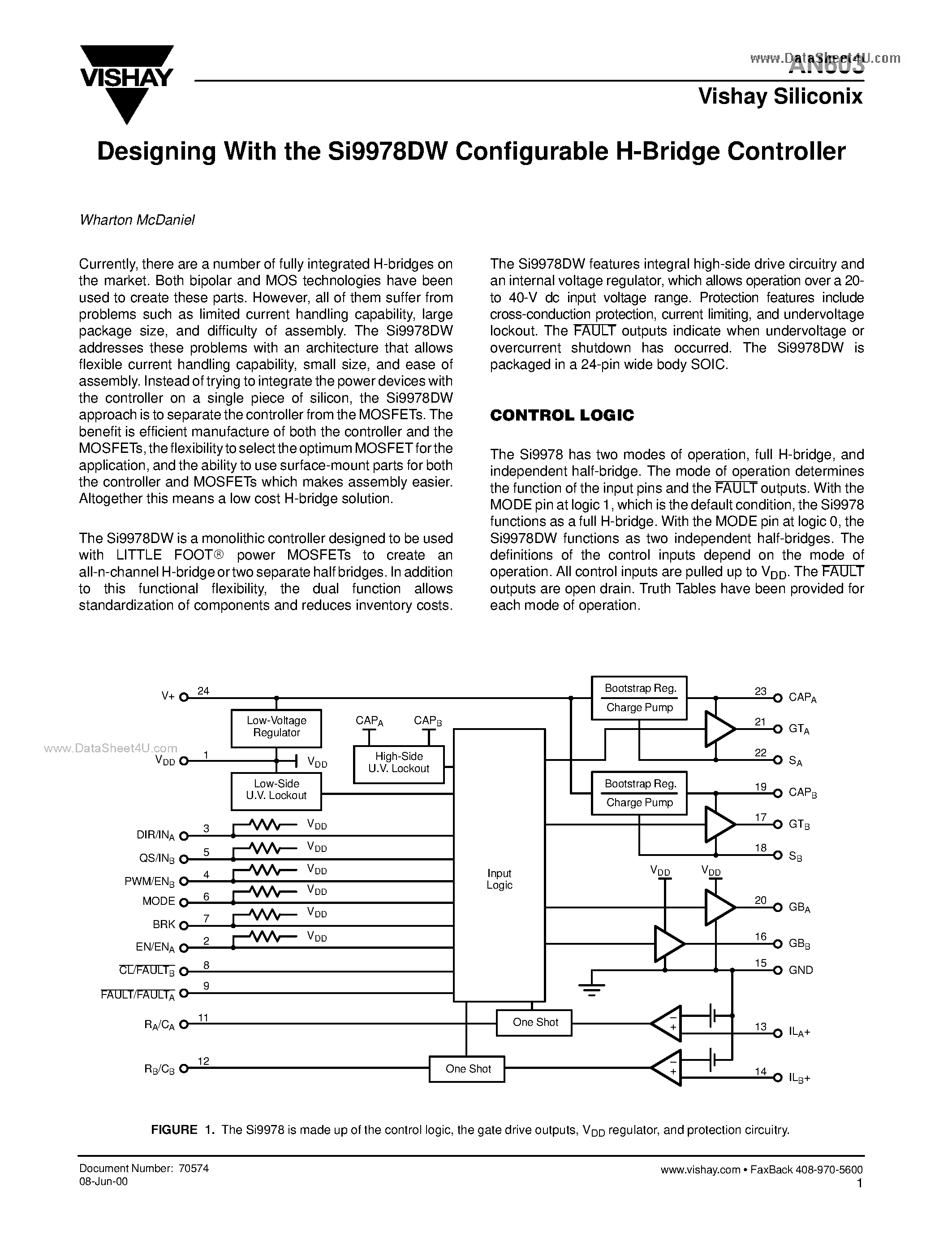 Datasheet AN603 page 1 Datasheet AN603 - Designing With the Si9978DW Configurable H-Bridge Controller page 1
