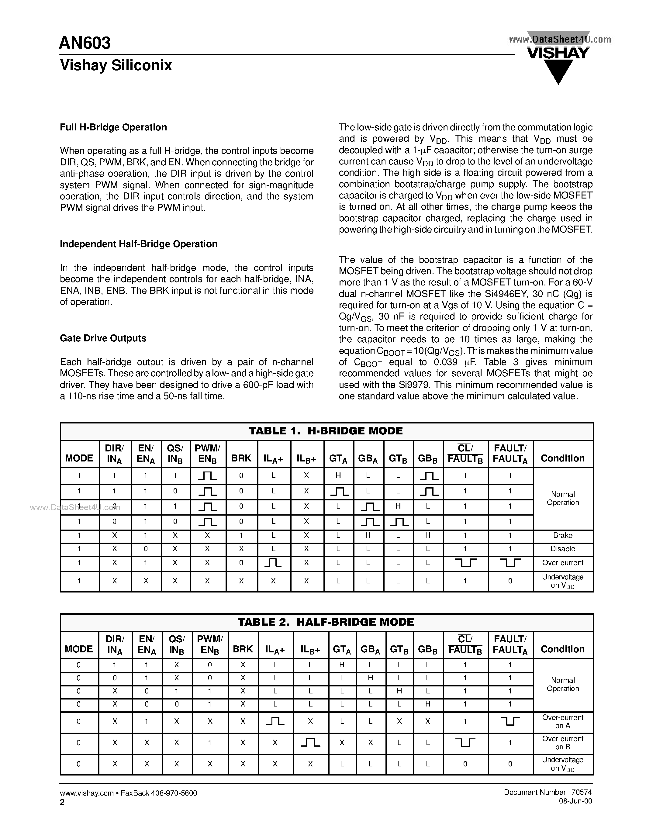 Datasheet AN603 page 2 Datasheet AN603 - Designing With the Si9978DW Configurable H-Bridge Controller page 2