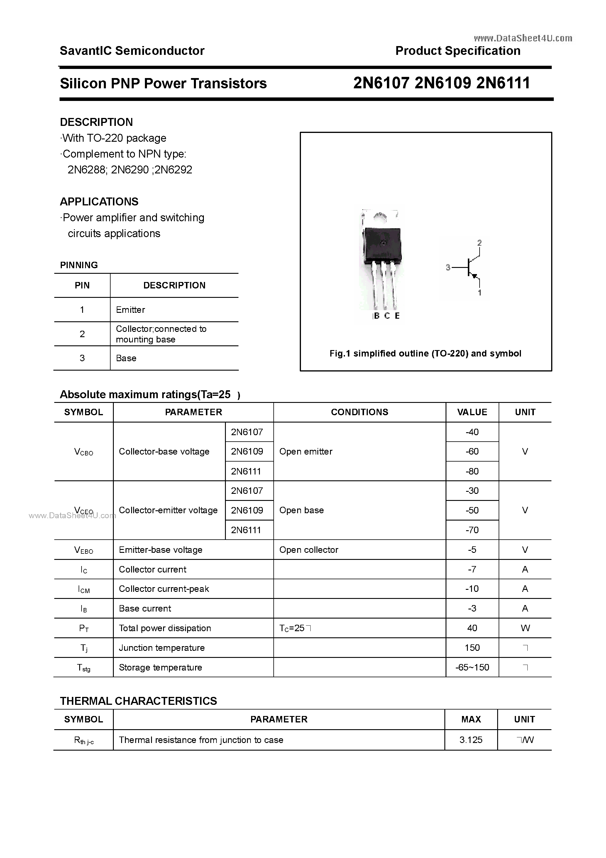 Даташит 2N6107 - (2N6107 - 2N6111) Silicon PNP Power Transistors страница 1
