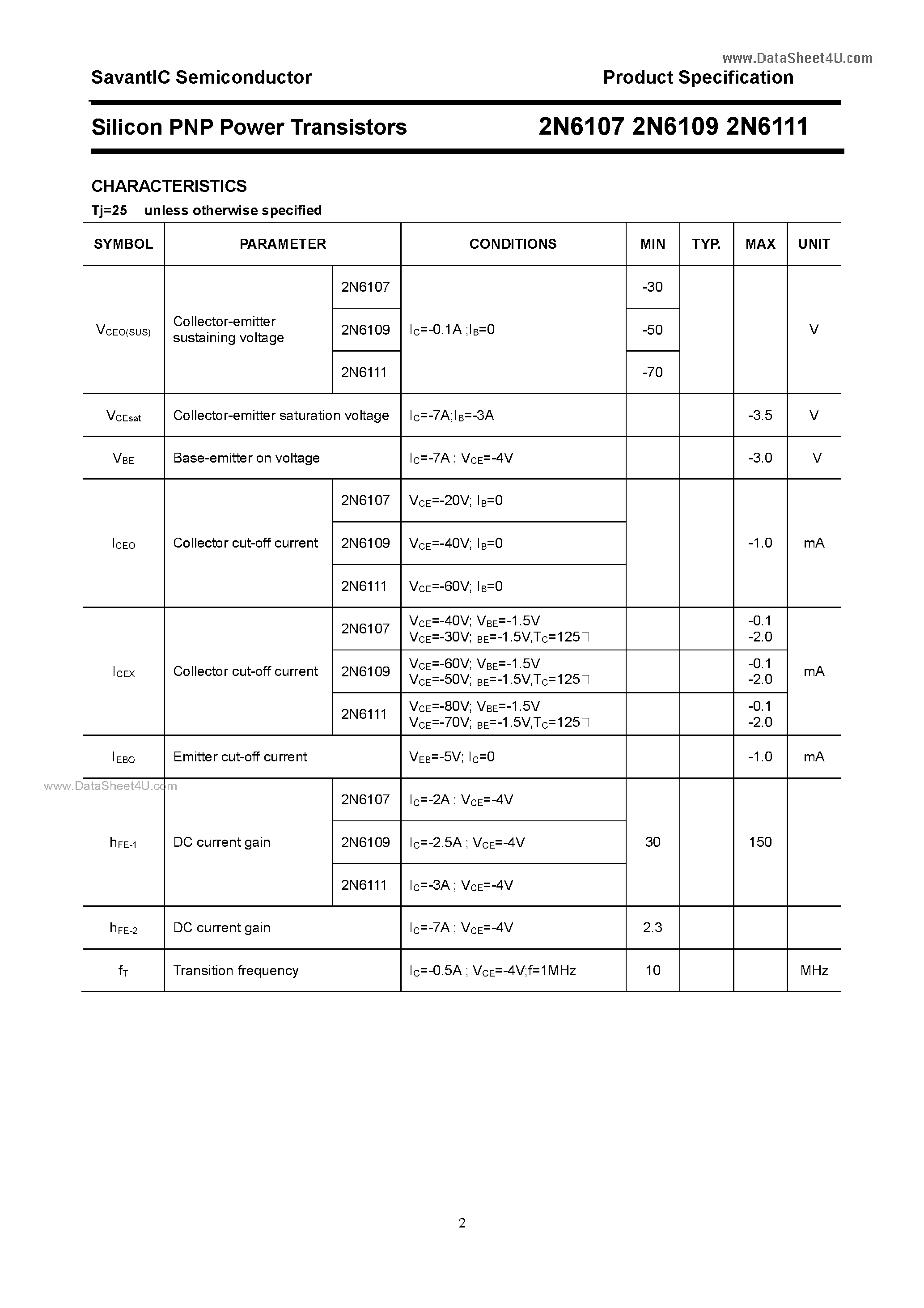 Даташит 2N6107 - (2N6107 - 2N6111) Silicon PNP Power Transistors страница 2