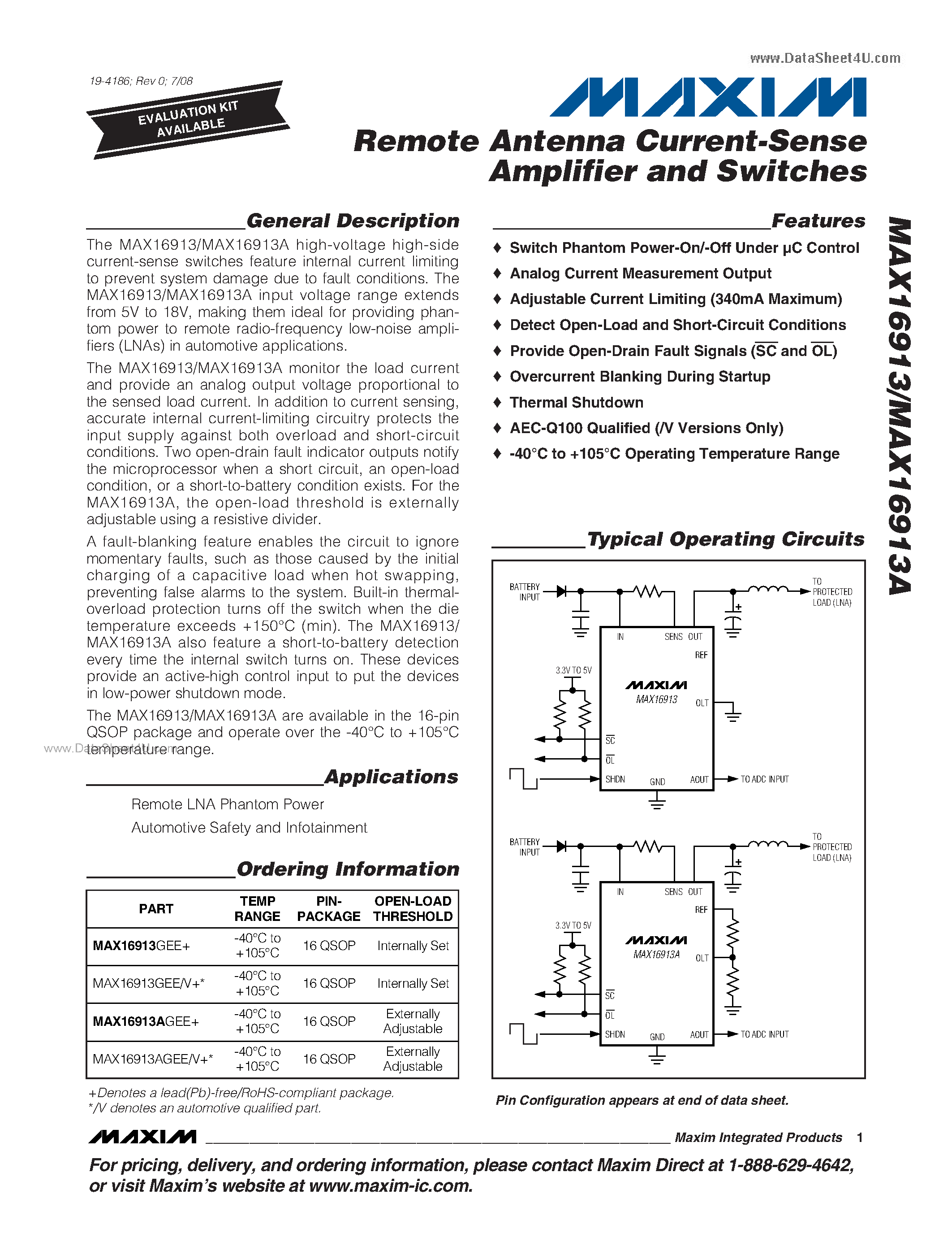 Datasheet MAX16913 page 1 Datasheet MAX16913 - Remote Antenna Current-Sense Amplifier And Switches page 1