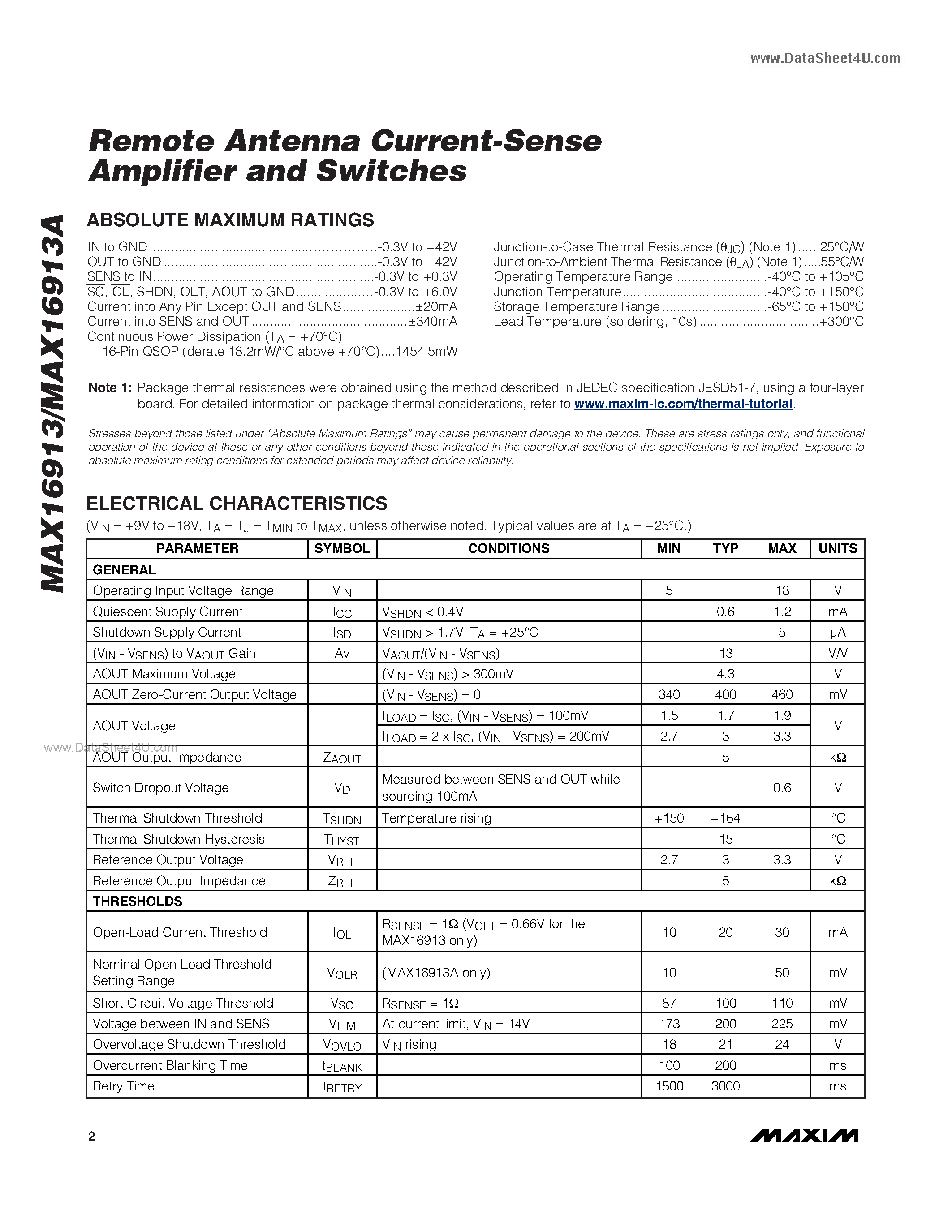 Datasheet MAX16913 page 2 Datasheet MAX16913 - Remote Antenna Current-Sense Amplifier And Switches page 2