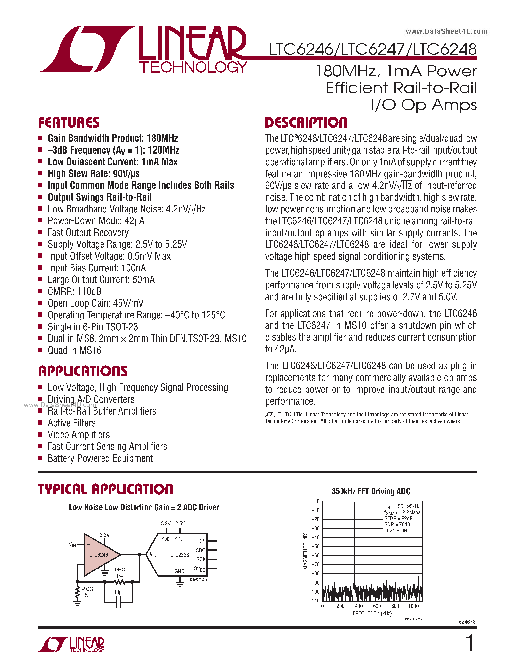 Datasheet LTC6246 - (LTC6246 - LTC6248) 1mA Power Efficient Rail-to-Rail I/O Op Amps page 1