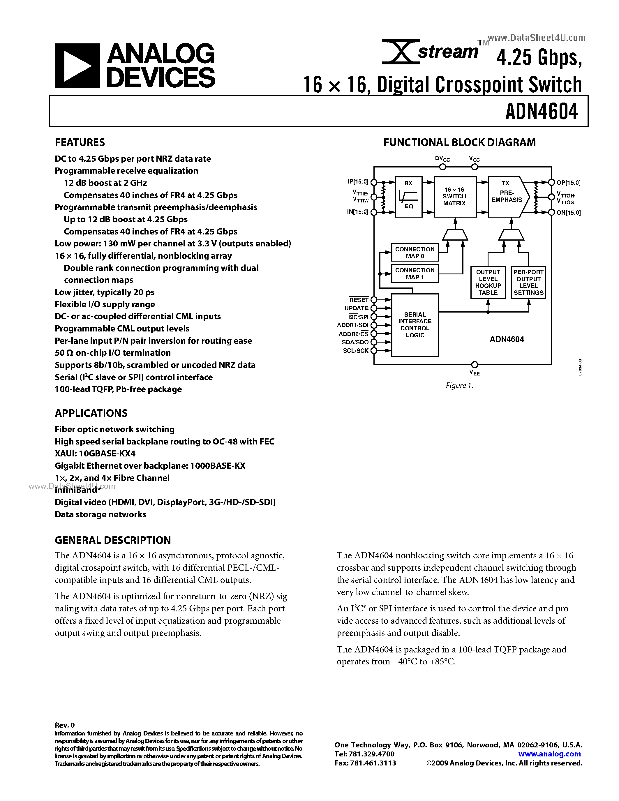 Даташит на микросхему ADN4604 страница 1 Даташит ADN4604 - Digital Crosspoint Switch страница 1
