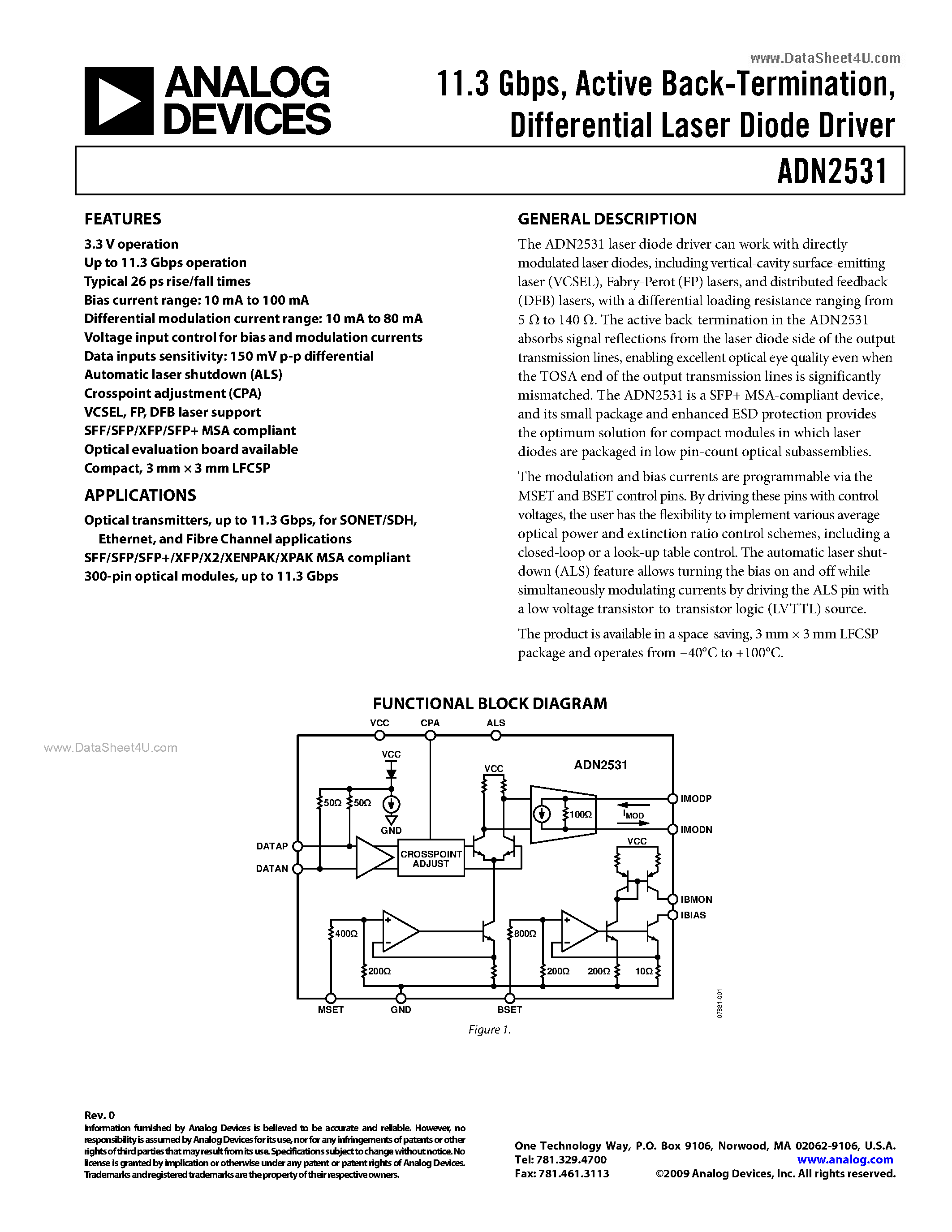 Datasheet ADN2531 page 1 Datasheet ADN2531 - Differential Laser Diode Driver page 1