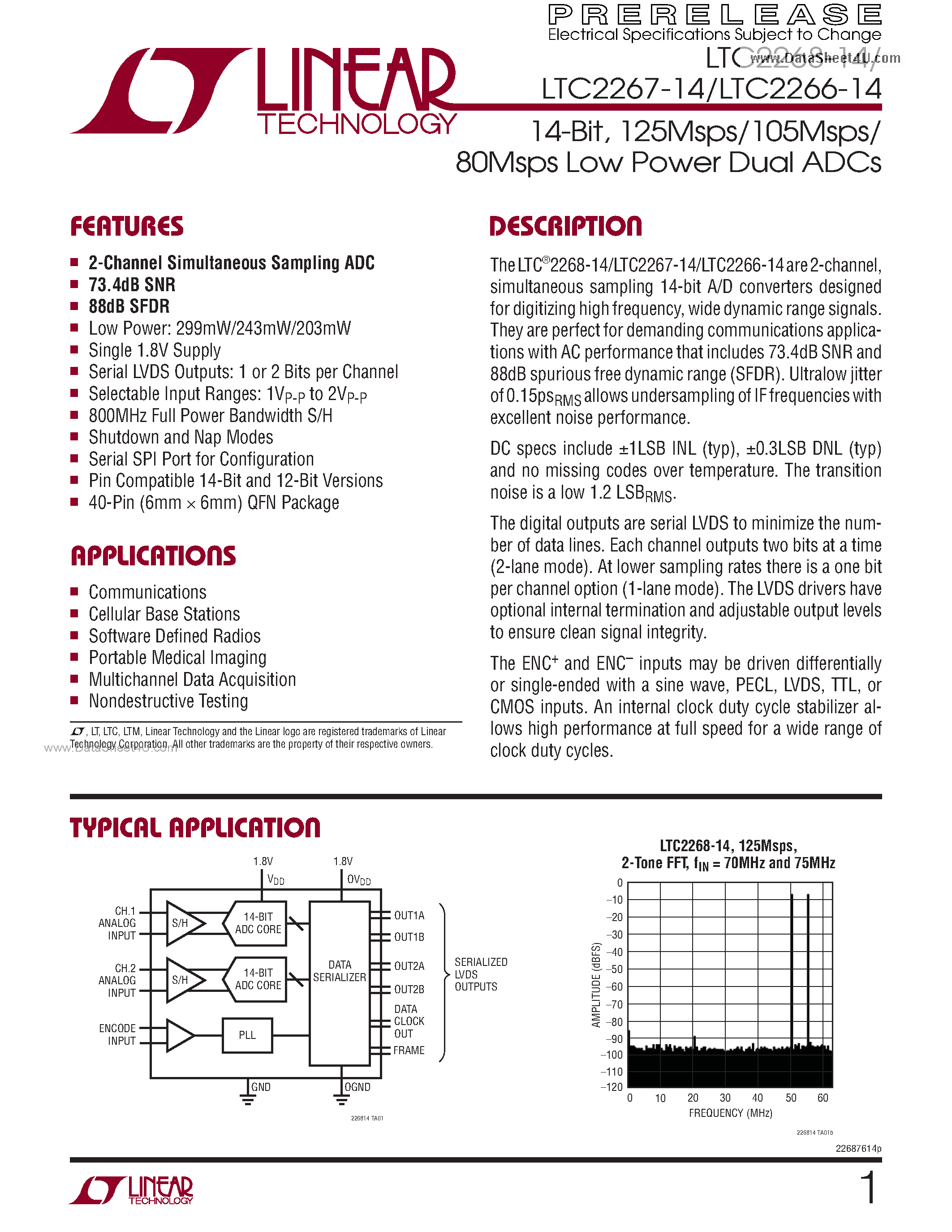 Datasheet LTC2266-14 page 1 Datasheet LTC2266-14 - (LTC226x-14) 125Msps/105Msps/80Msps Low Power Dual ADCs page 1