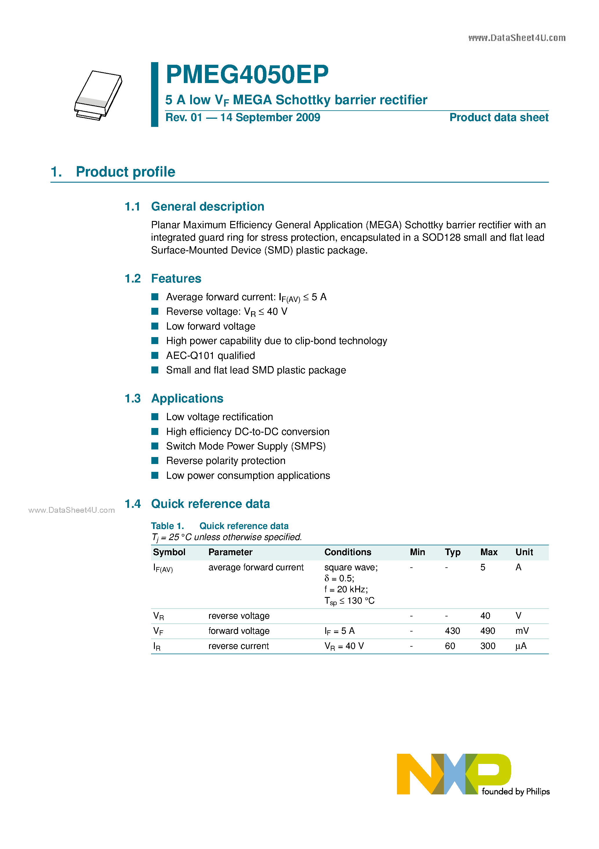 Даташит PMEG4050EP - Schottky Barrier Rectifier страница 1