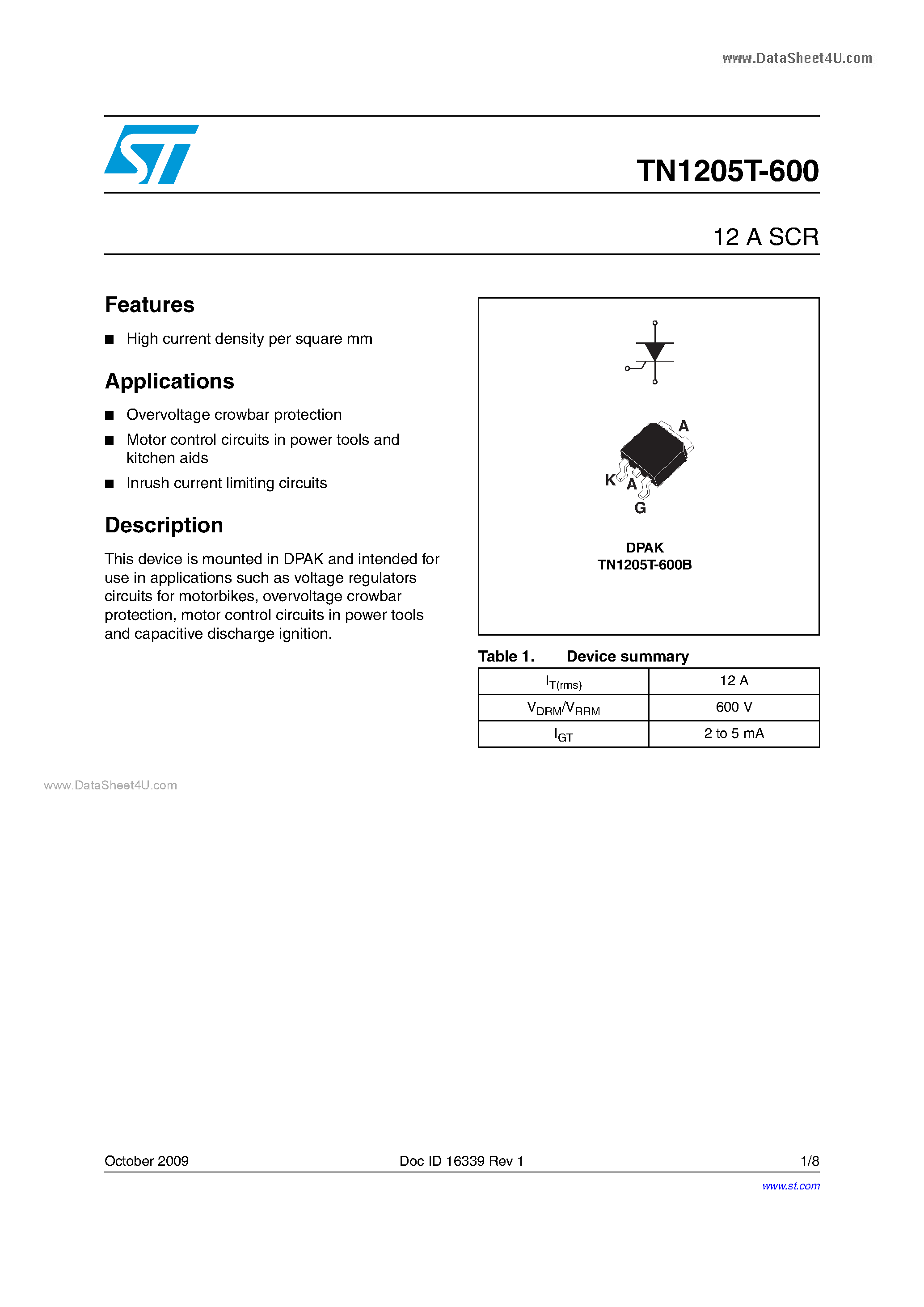 Даташит на микросхему TN1205T-600 страница 1 Даташит TN1205T-600 - Standard SCRs страница 1