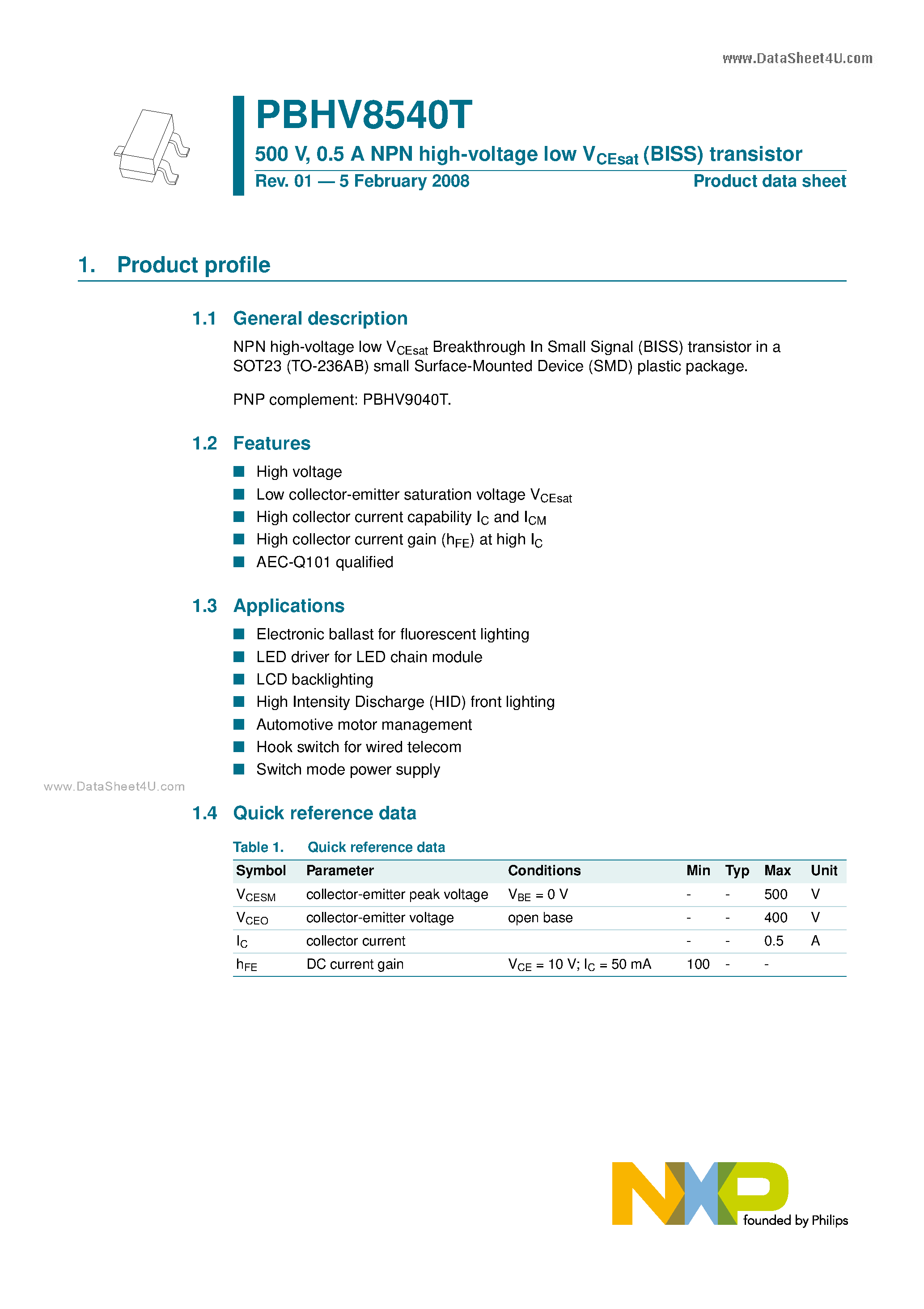 Datasheet PBHV8540T - 0.5A NPN high-voltage low VCEsat (BISS) transistor page 1