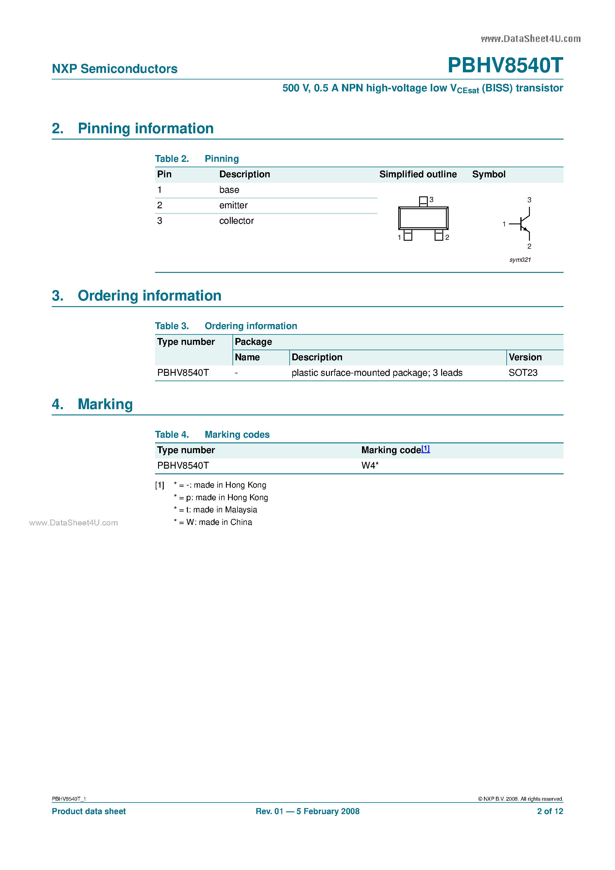 Datasheet PBHV8540T - 0.5A NPN high-voltage low VCEsat (BISS) transistor page 2