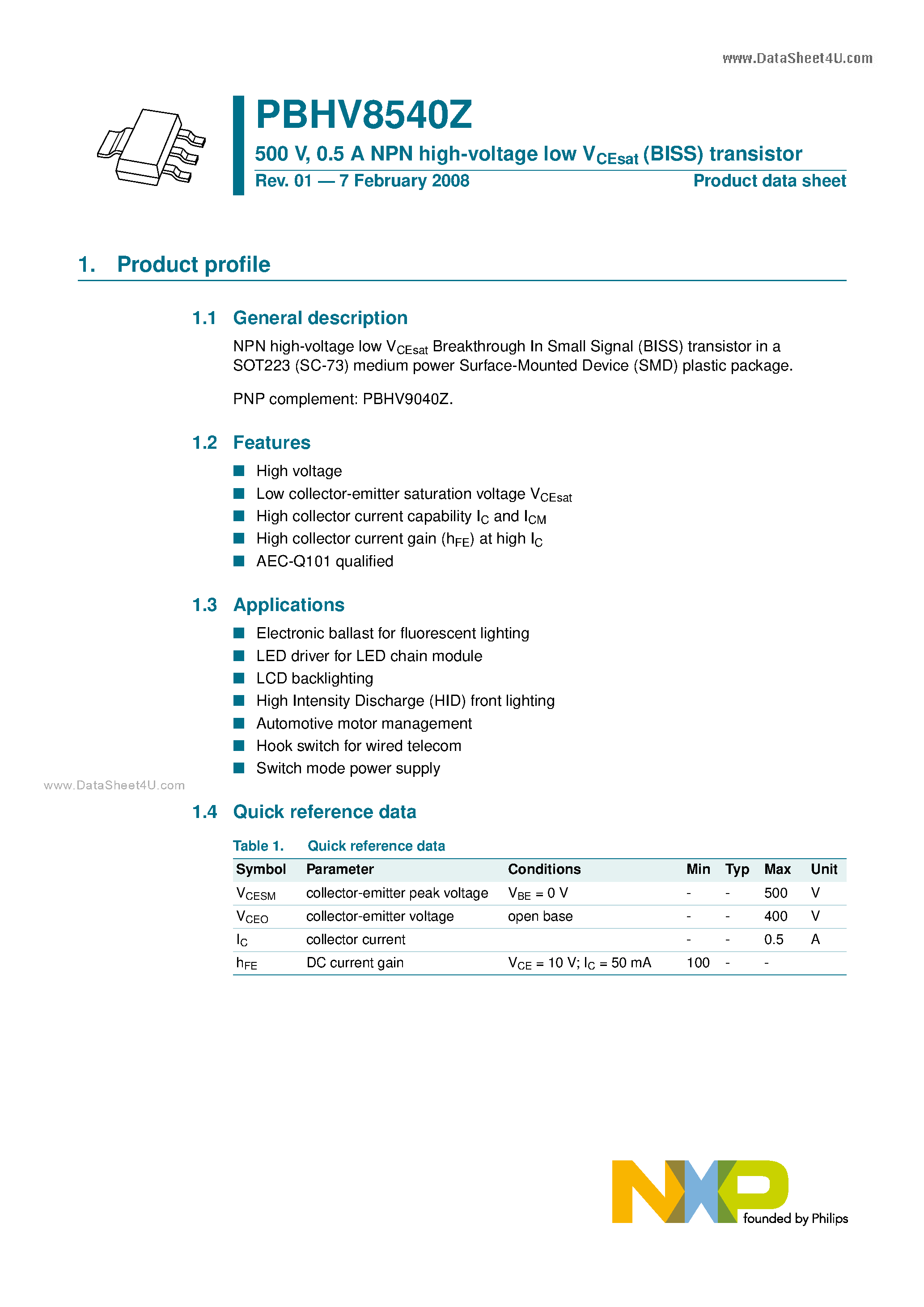Datasheet PBHV8540Z - 0.5A NPN high-voltage low VCEsat(BISS) transistor page 1