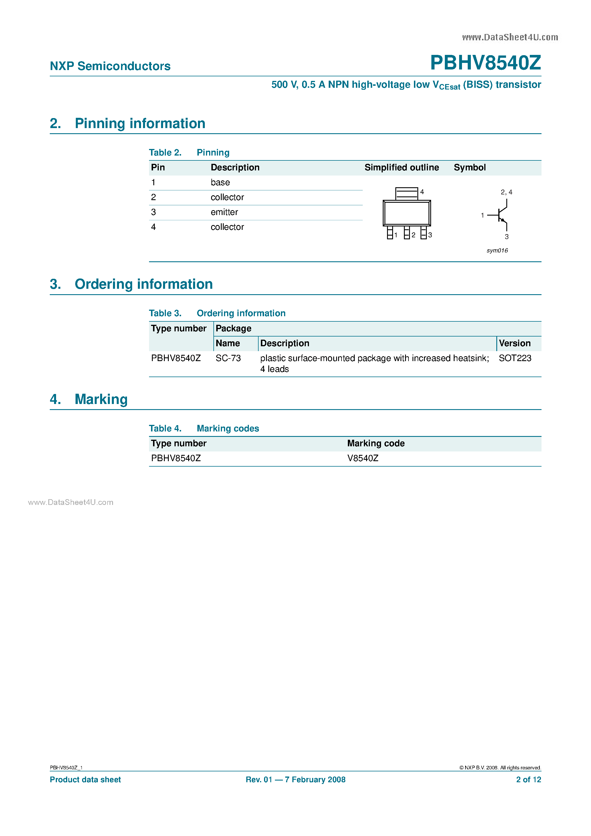 Datasheet PBHV8540Z - 0.5A NPN high-voltage low VCEsat(BISS) transistor page 2