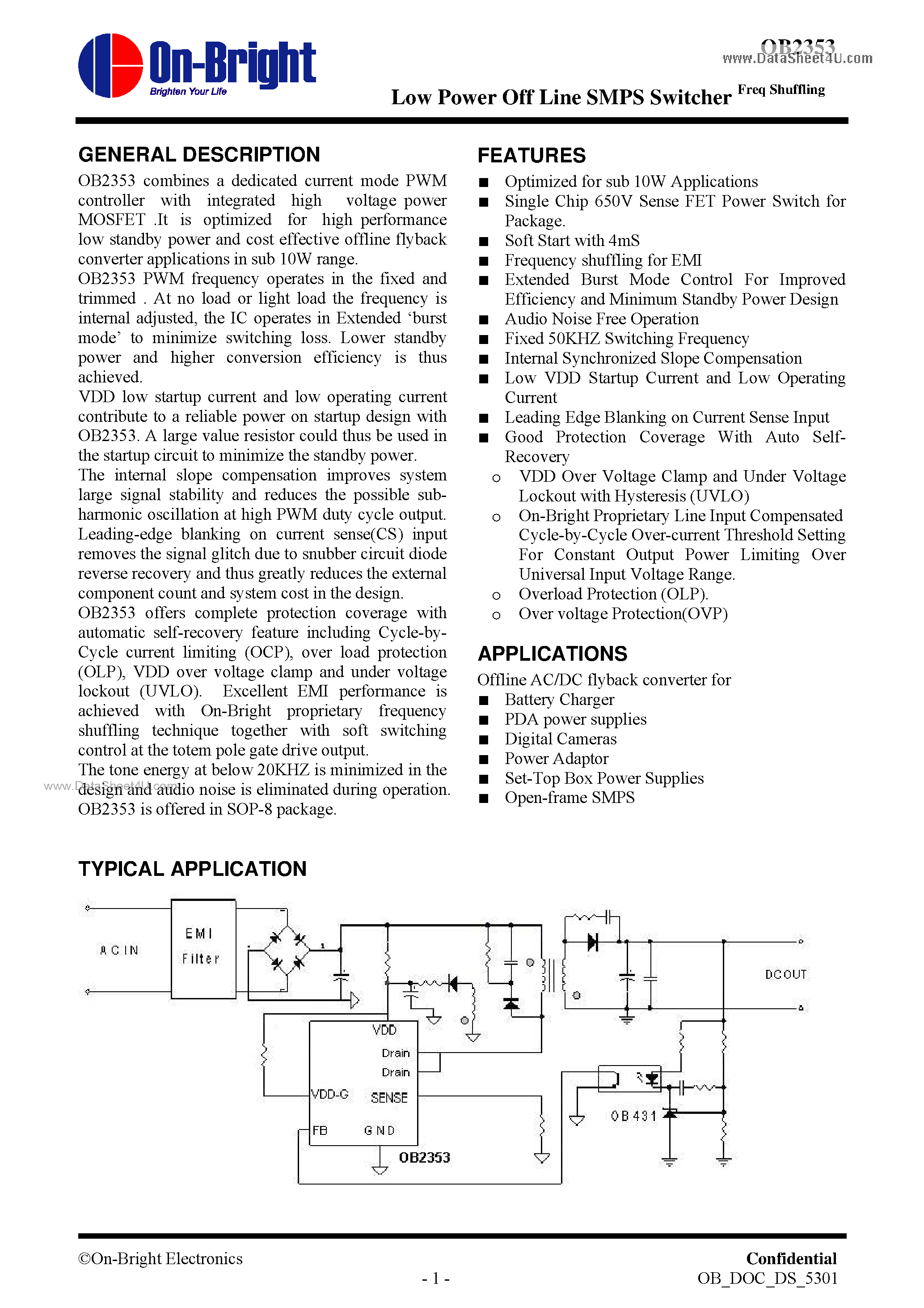 Даташит на микросхему OB2353 страница 1 Даташит OB2353 - Low Power Off Line SMPS Switcher страница 1
