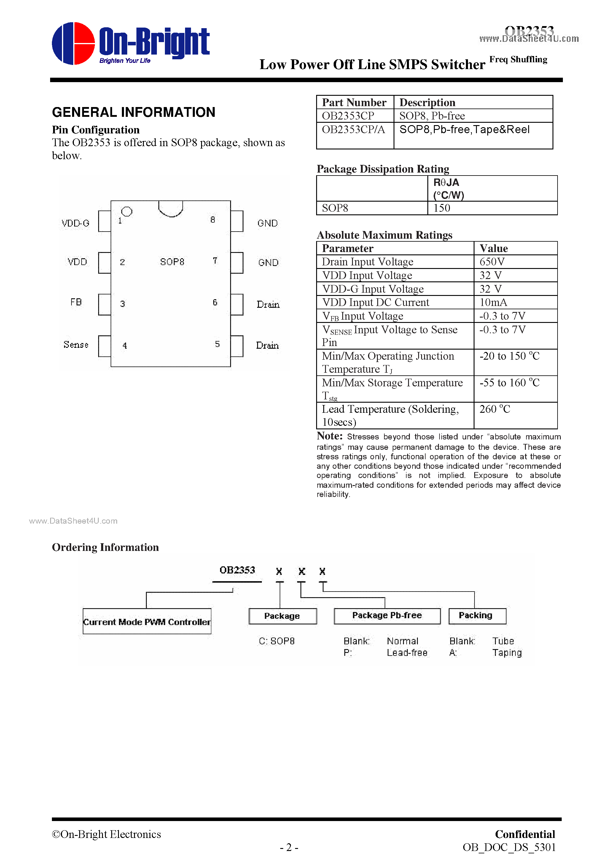Даташит на микросхему OB2353 страница 2 Даташит OB2353 - Low Power Off Line SMPS Switcher страница 2