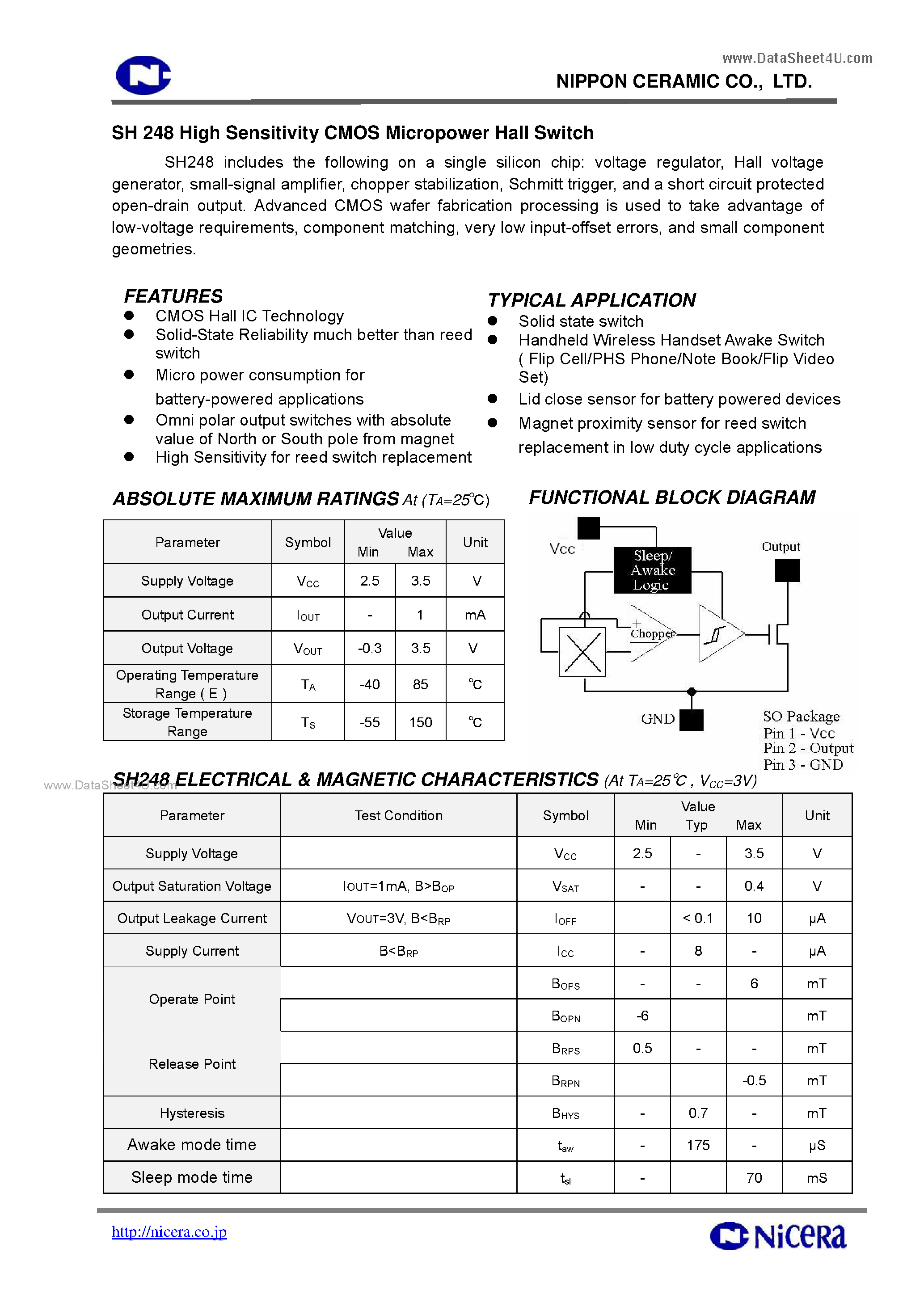 Datasheet SH248 - High Sensitivity CMOS Micropower Hall Switch page 1