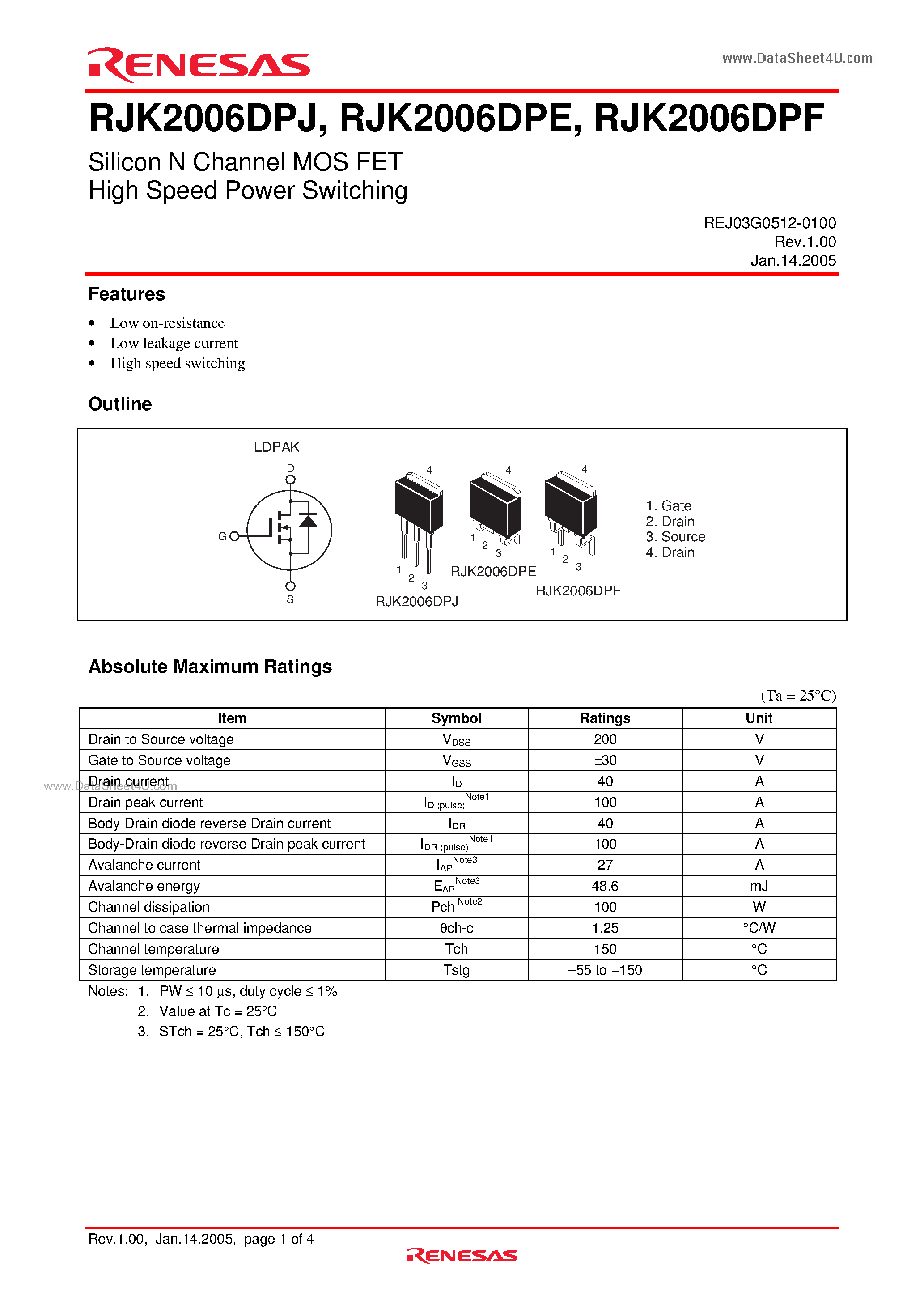 Datasheet RJK2006DPE - Silicon N Channel MOS FET High Speed Power Switching page 1