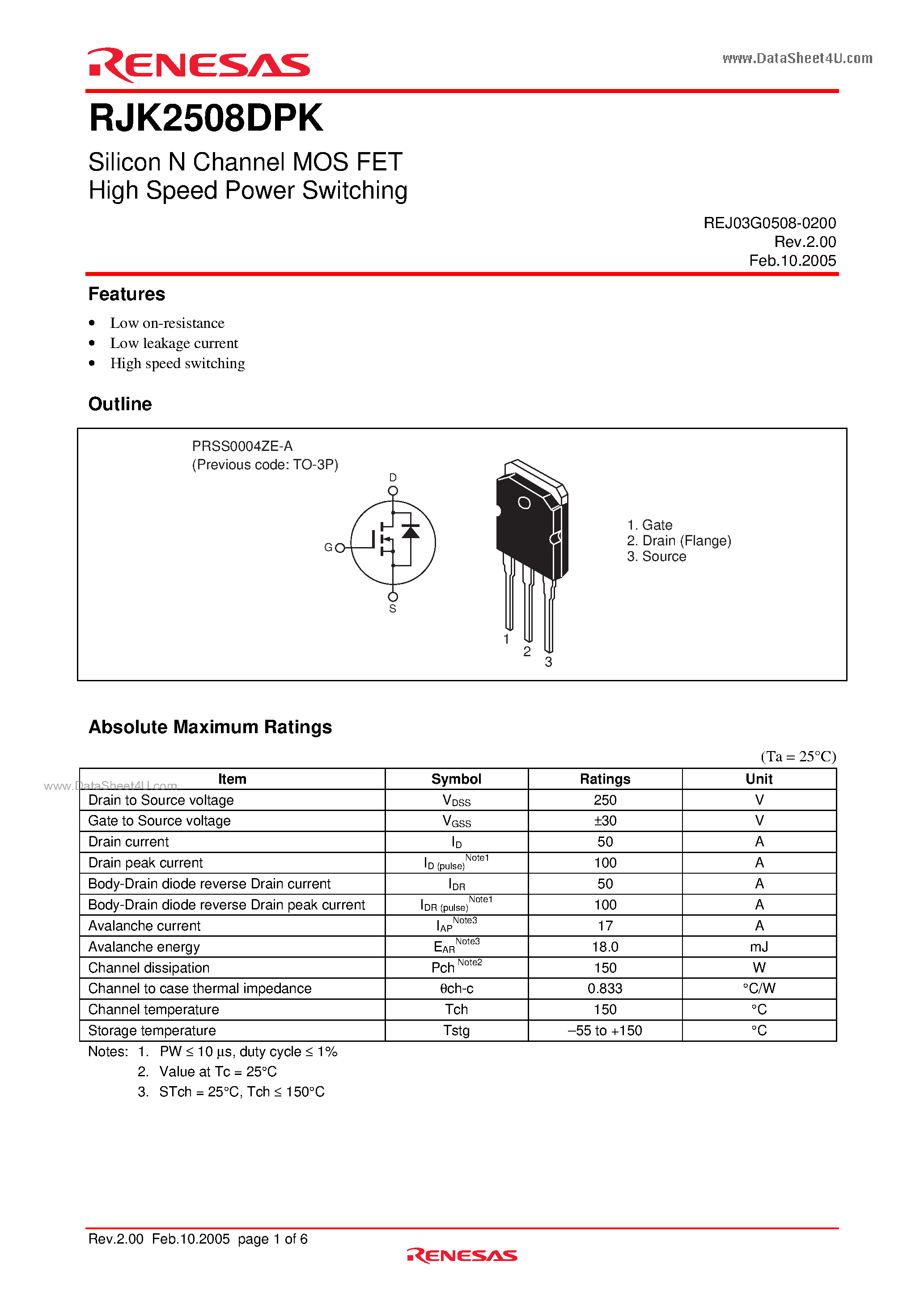 Даташит на микросхему RJK2508DPK страница 1 Даташит RJK2508DPK - Silicon N Channel MOS FET High Speed Power Switching страница 1
