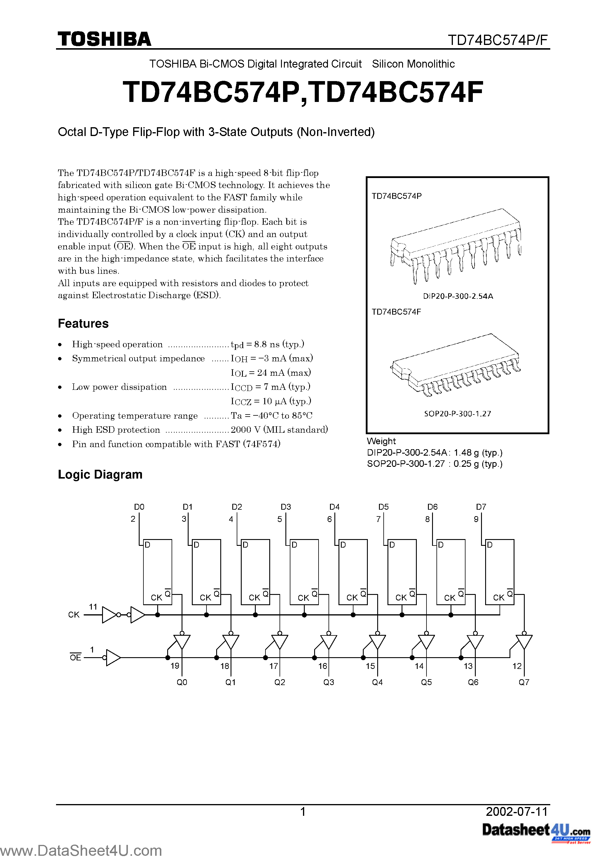 Datasheet TD74BC574 - Octal D-Type Flip-Flop with 3-State Outputs (Non-Inverted) page 1