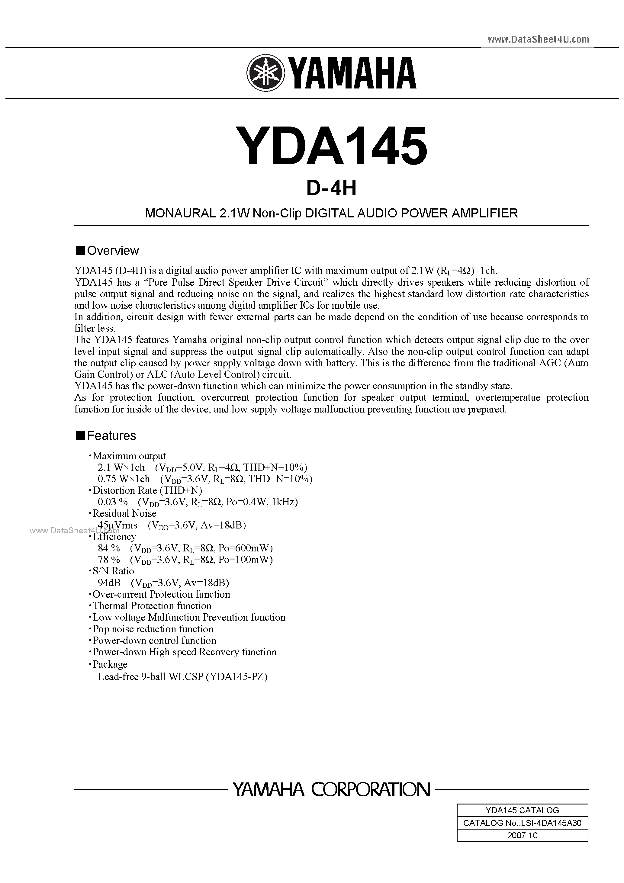Datasheet YDA145 - MONAURAL 2.1W Non-Clip DIGITAL AUDIO POWER AMPLIFIER page 1