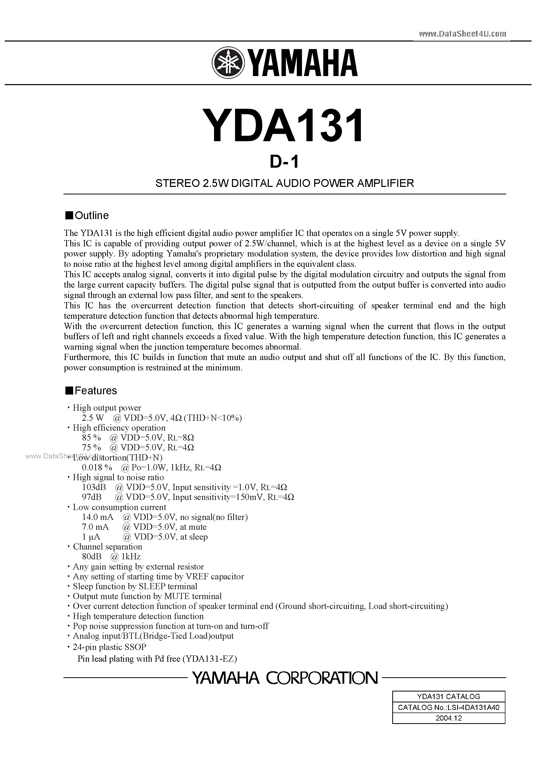 Datasheet YDA131 - STEREO 2.5W DIGITAL AUDIO POWER AMPLIFIER page 1