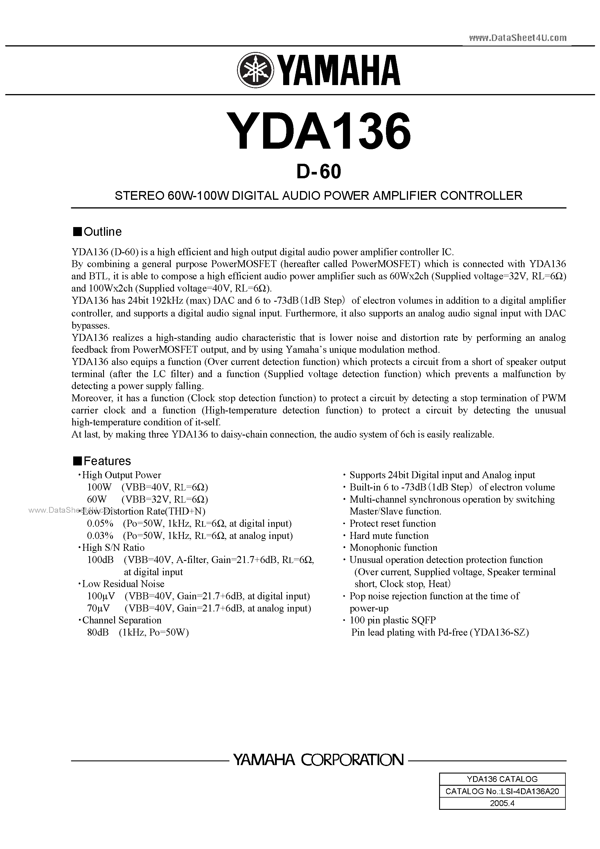Даташит YDA136 - STEREO 60W-100W DIGITAL AUDIO POWER AMPLIFIER CONTROLLER страница 1