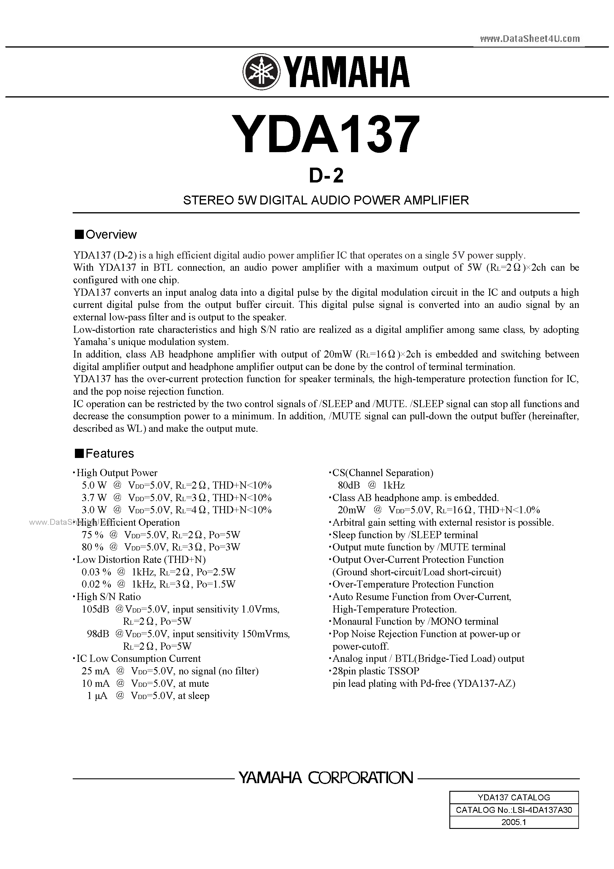 Datasheet YDA137 - STEREO 5W DIGITAL AUDIO POWER AMPLIFIER page 1