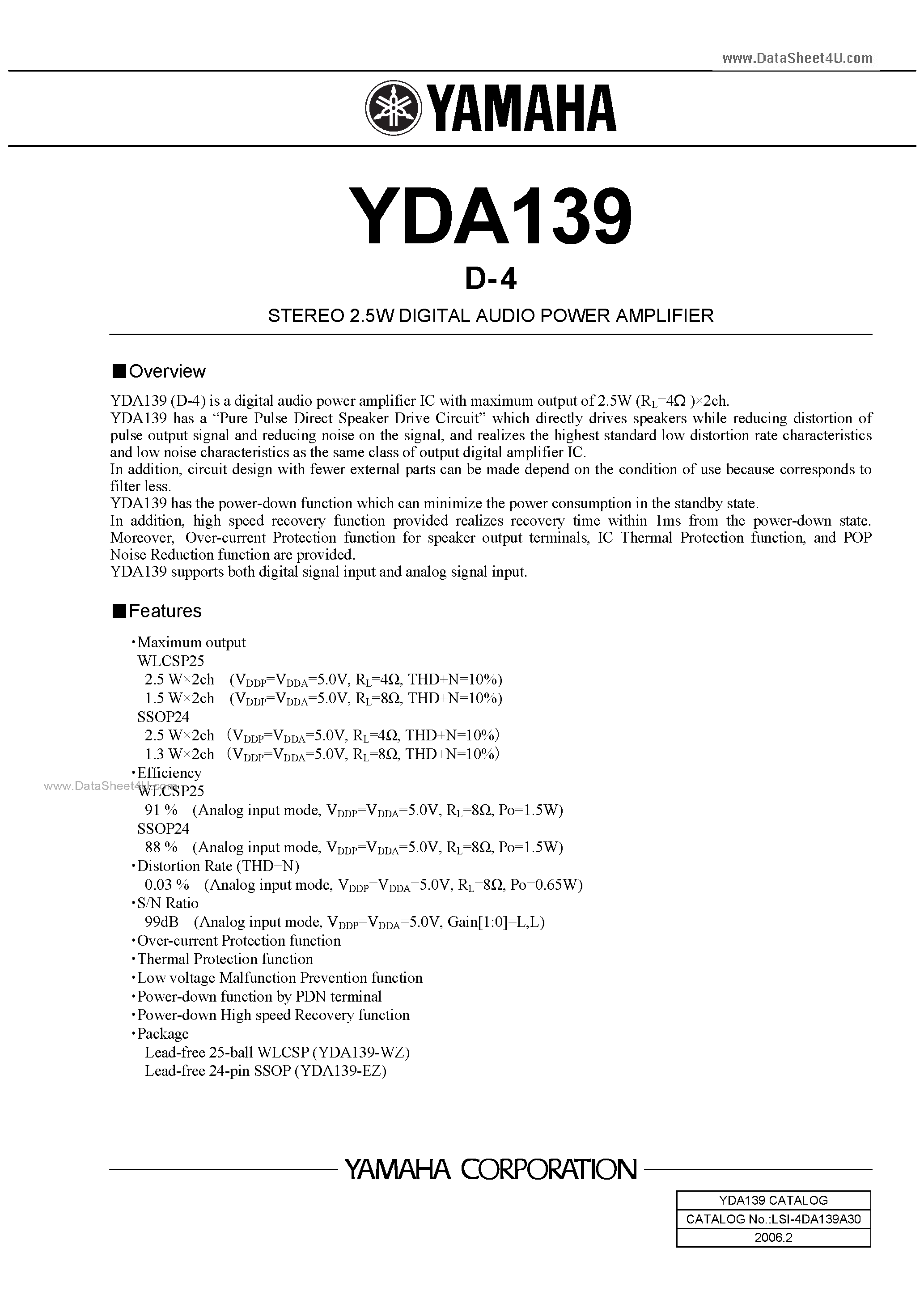 Datasheet YDA139 - STEREO 2.5W DIGITAL AUDIO POWER AMPLIFIER page 1