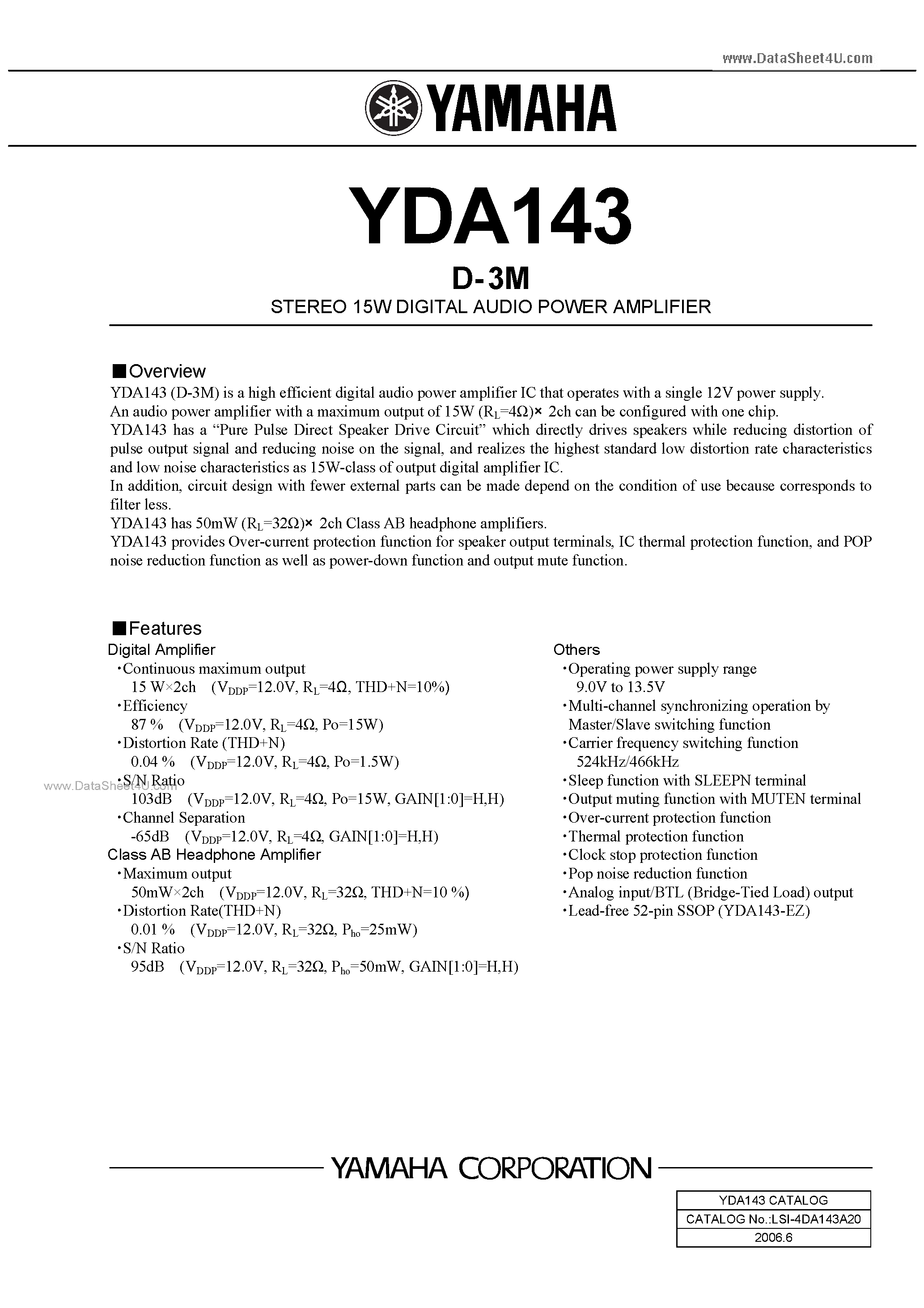 Даташит на микросхему YDA143 страница 1 Даташит YDA143 - STEREO 15W DIGITAL AUDIO POWER AMPLIFIER страница 1