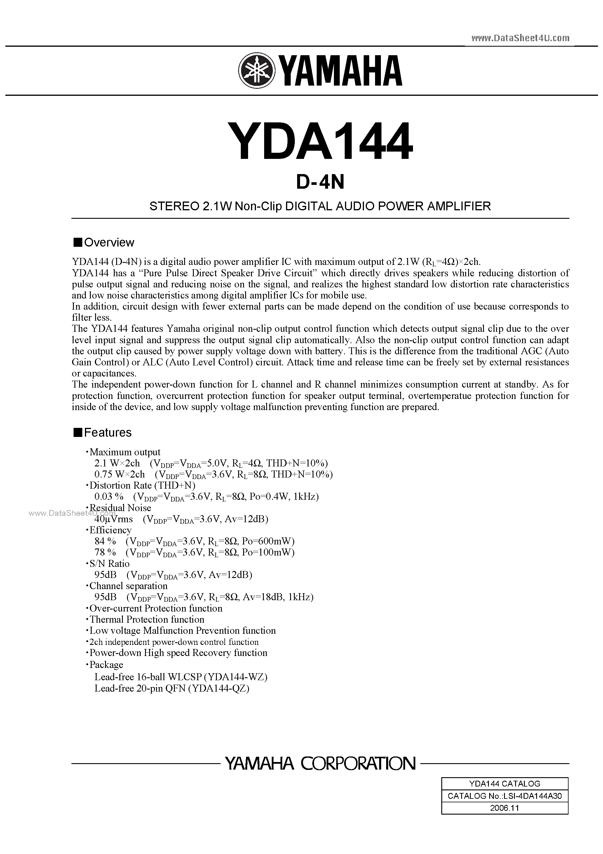 Datasheet YDA144 - STEREO 2.1W Non-Clip DIGITAL AUDIO POWER AMPLIFIER page 1