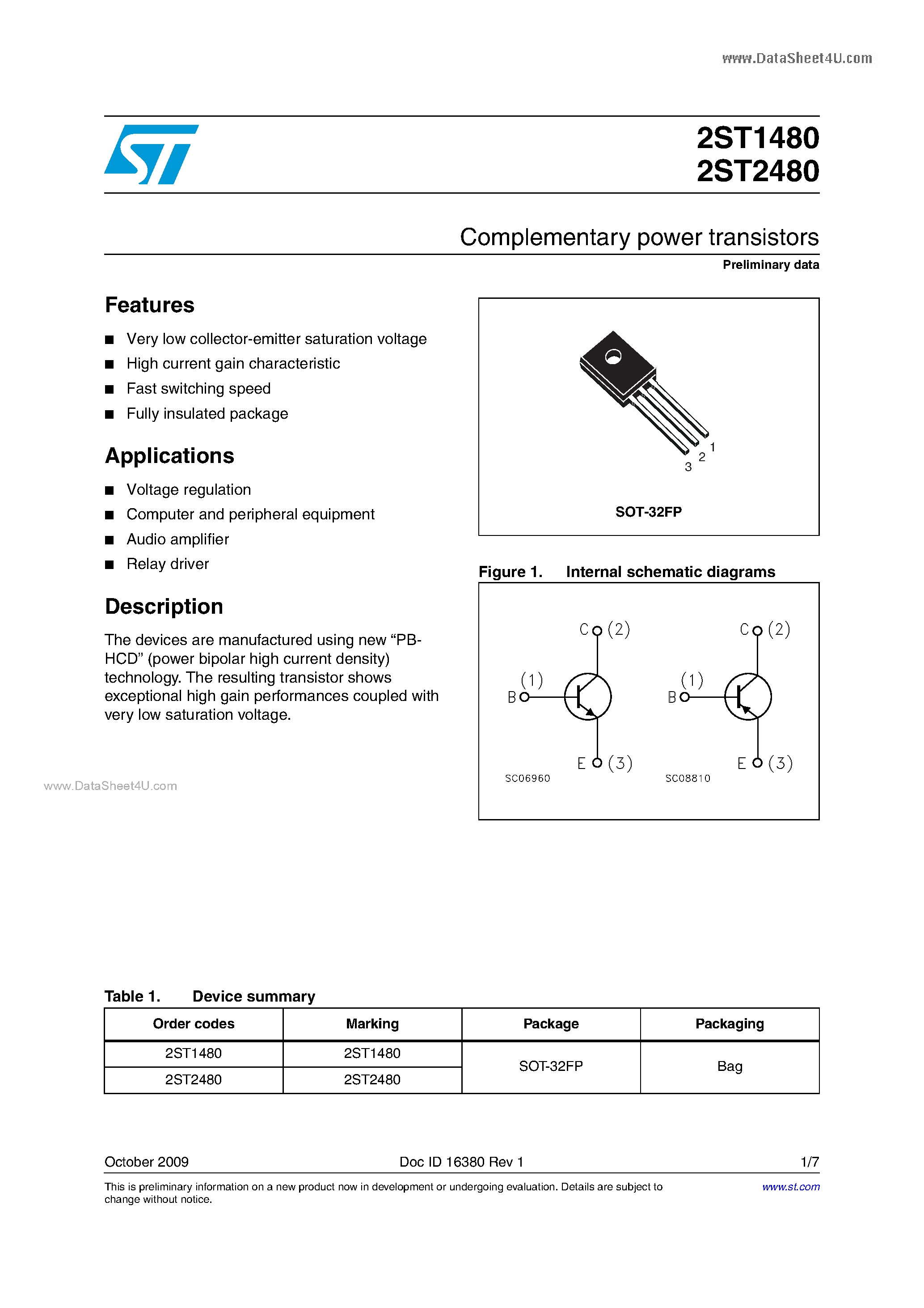 Даташит 2ST1480 - (2ST1480 / 2ST2480) Complementary power transistors страница 1